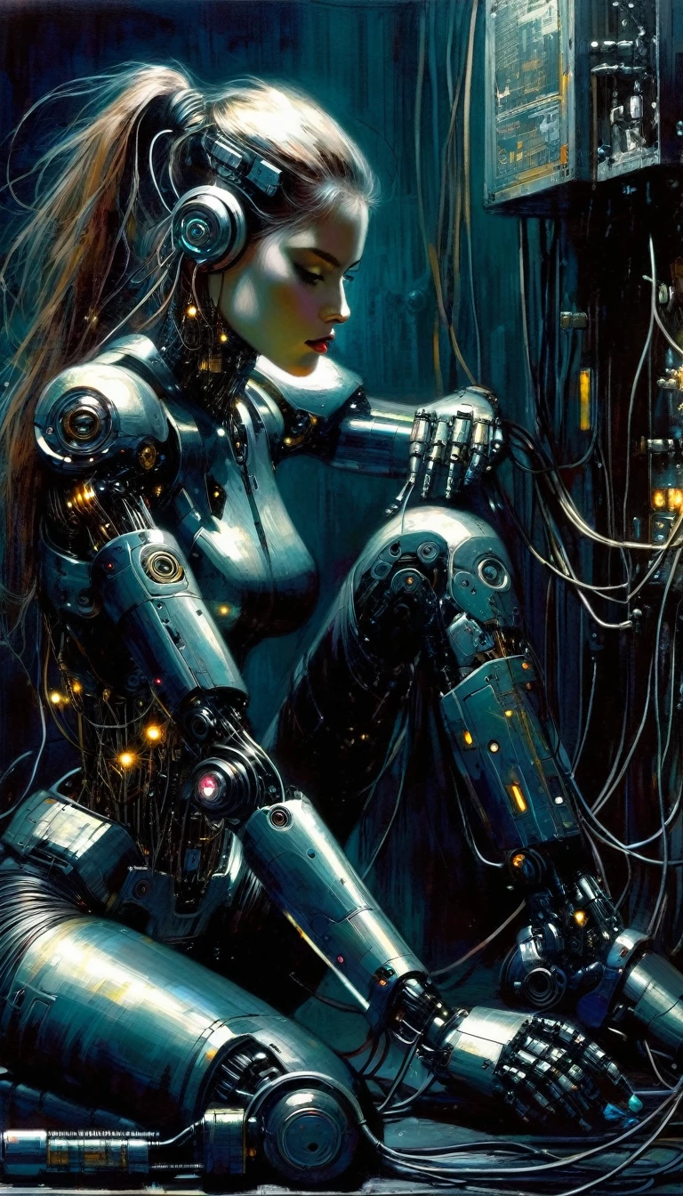 cyborg girl, charging, plugged into machinery, dark scene,(art inspired by Bill Sienkiewicz, intricate details, oil painted )