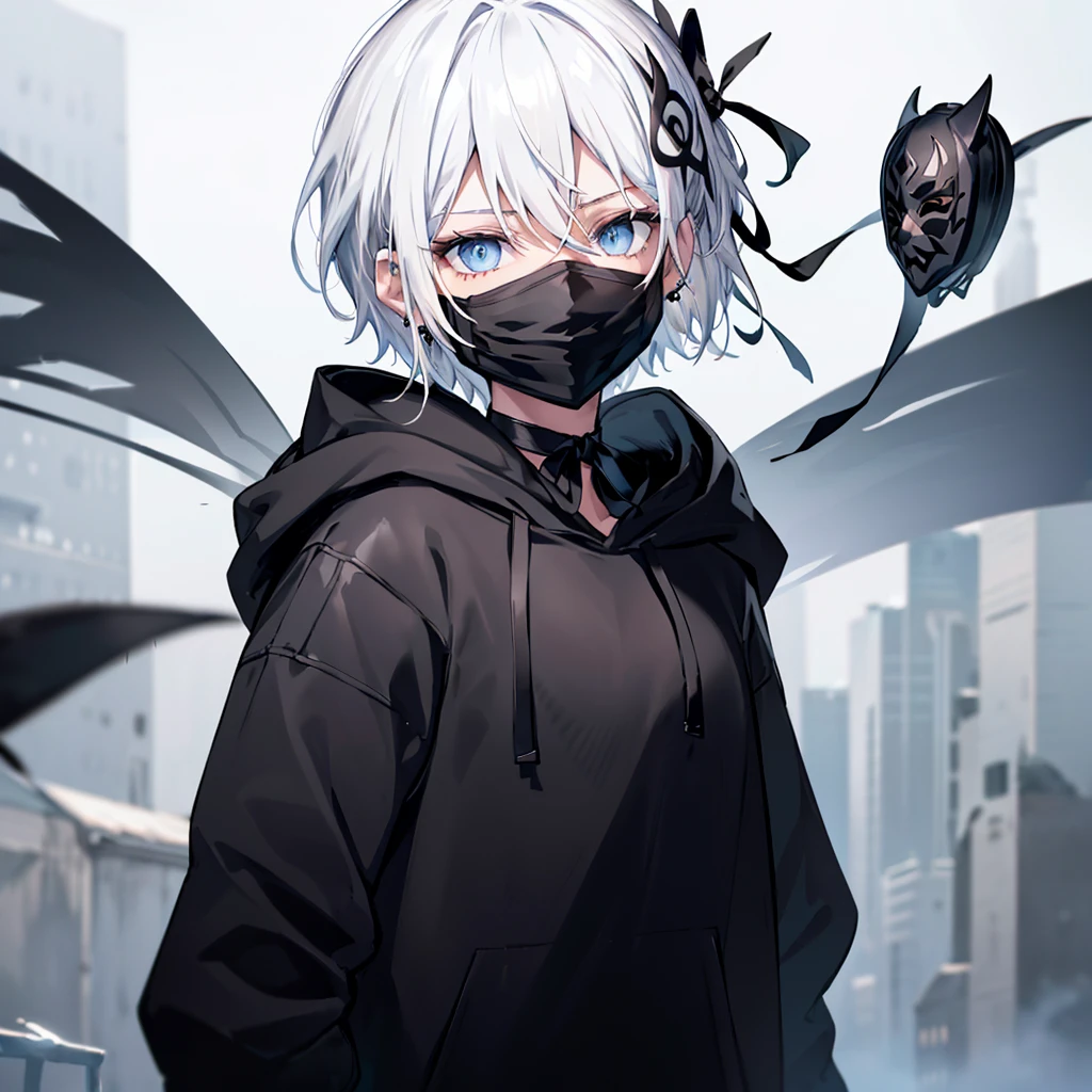 (((((Black Mask))))) ((((Black hoodie Wearing a hood woman)))) (((blue eyes White Hair Short Hair))) ((Shiny earrings Small black ribbon Catch the wind)) White background Shining Edge Shining Background