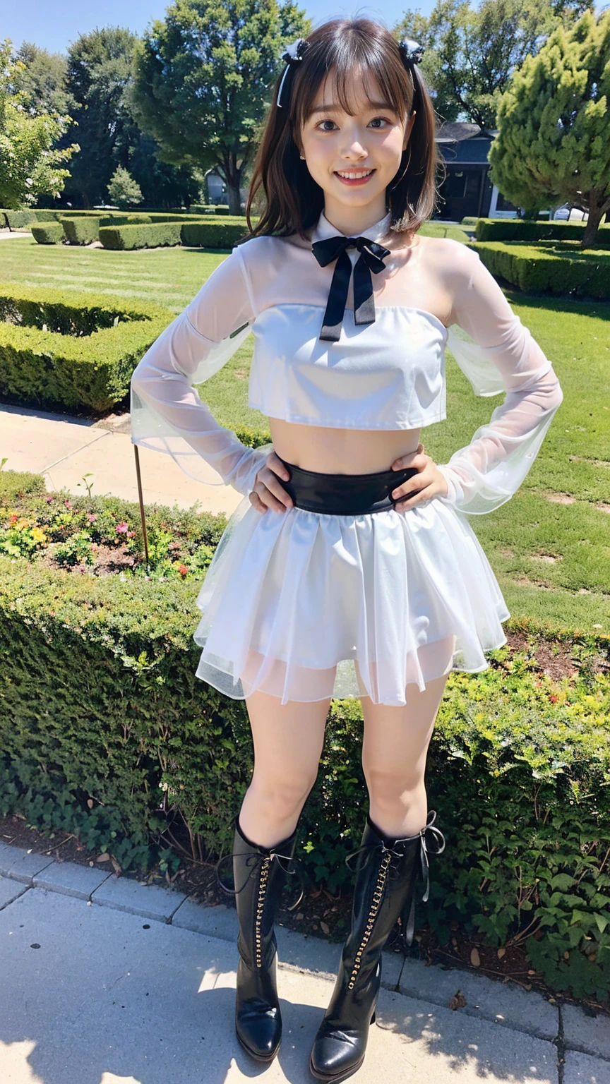 (8K、RAW Photos、Highest quality、masterpiece:1.2)、(Highest quality、Realistic)、1 Girl、((Tube top、mini skirt、Idol Costume、ribbon、Medium Hair、See-through、smile、Silver and Black、Thin legs、whole body、boots、garden、View from the front、Looking into the camera、Stand with hands on hips))、cute