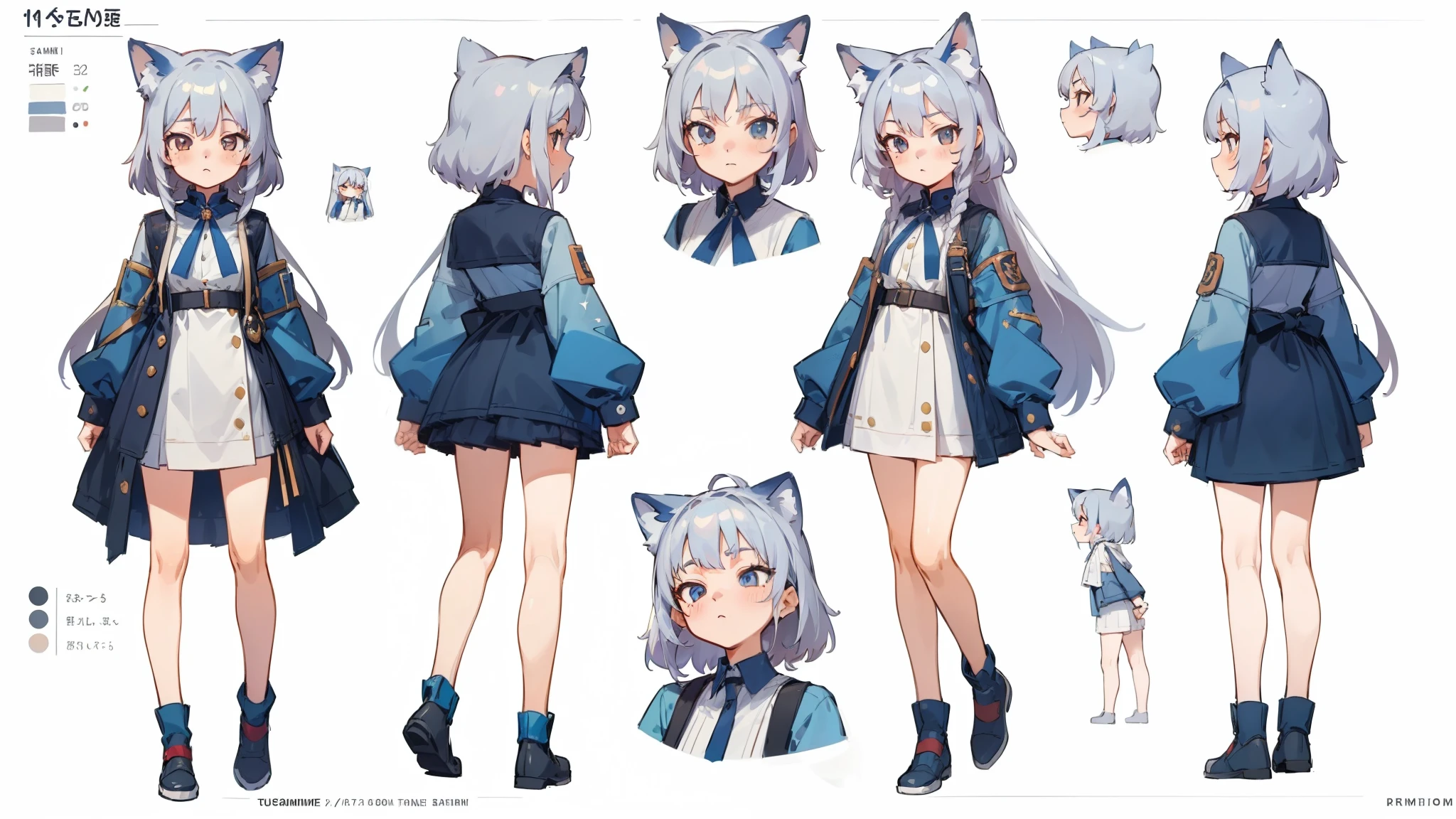 ((masterpiece, Highest quality)), ((tsurime)),Detailed face, Character Sheet, Full Body Lesbian, One girl,show,Full of details, Various poses and expressions, Very detailed, depth, A graceful wild fox girl with mostly silver hair, Sparkling eyes, Delicate skin, 青い髪のYouTuberCharacter Sheet, whole body, sexy