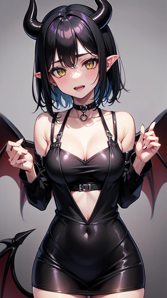 Devil Girl, Black Hair, Pointed Ears, Yellow Eyes, short hair, choker, , Devil horns, Devil's Tail, Red Corner, break (Sticking out tongue:1.2, Black mini skirt:1.2, Gold Bikini:1.5, Gold Micro Bikini, shirt:1.2), (Red skin:1.8), Shiny skin, On the bed, pillow, break large breasts, Wide Hips, Open your mouth, Nipples, Happy, smile, Blushing, Breath Cheek, Sweat, Take off, break (Focus on the girl),