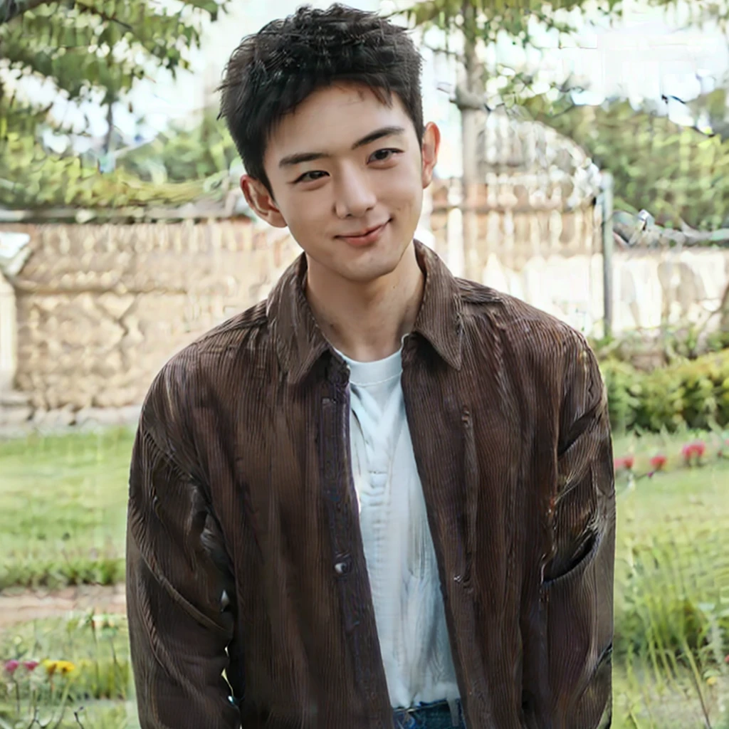 1 little boy, (Best Quality, 8k, Masterpiece: 1.3), (warm sunny afternoon), on a field with green grass and flowers, walking , detailed face , casual clothes, jeans, brown silky hair , white shirt with a smile emoji, summer mood , laughing, happy, playing