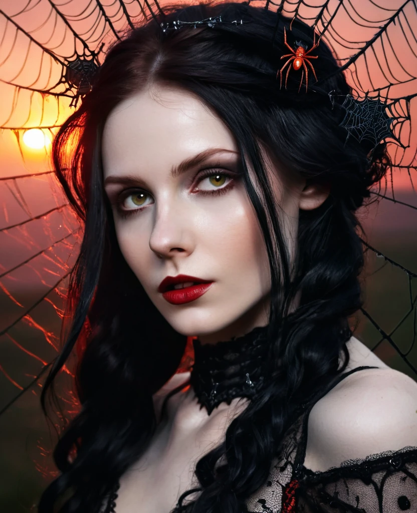 (Realistic:1.5), (((editorial photography))), (((extremely detailed))), ((masterpiece)), (gorgeous gothic woman in black red spider's web), dramatic lighting, (cinematic light:1.1), full body, (cute sexy:0.8), (cute face:1.2), Pleasure, faded colours, depth of field, 35 mm, analog photo style, gothic background, red splash particles with small luminism, spiders around, sunset, red dawn, dark atmosphere, medieval, intricate hair, inricate small details, (pale skin), hair ornament, long black hair, (fantasy world), (textured skin:1.4)