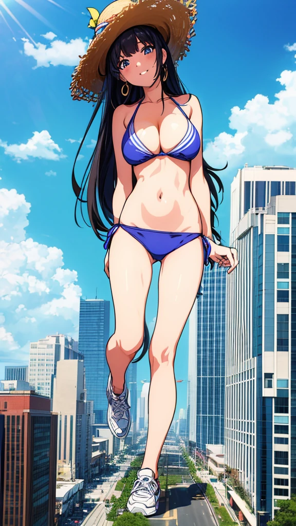 masterpiece Unreal Engine Anime Style Delicate painting 4K 90's giant Multiple Girls crowd Local metropolis Residential Street apartment Apartment ((高層apartment街の谷間の道路の上に立っている巨大なBikini Swimwearの女の子)) blue sky cumulonimbus sun shine Bikini Swimwear paola sneakers Straw hat smile female giant giant girl Whole body Destroyed skyscrapers Destroyed cars Crowd Unreal Engine,cleavage ,a drawing of a , earrings, long hair, 1980s (style) Cute picture Beauty Analog style whole body sneakers