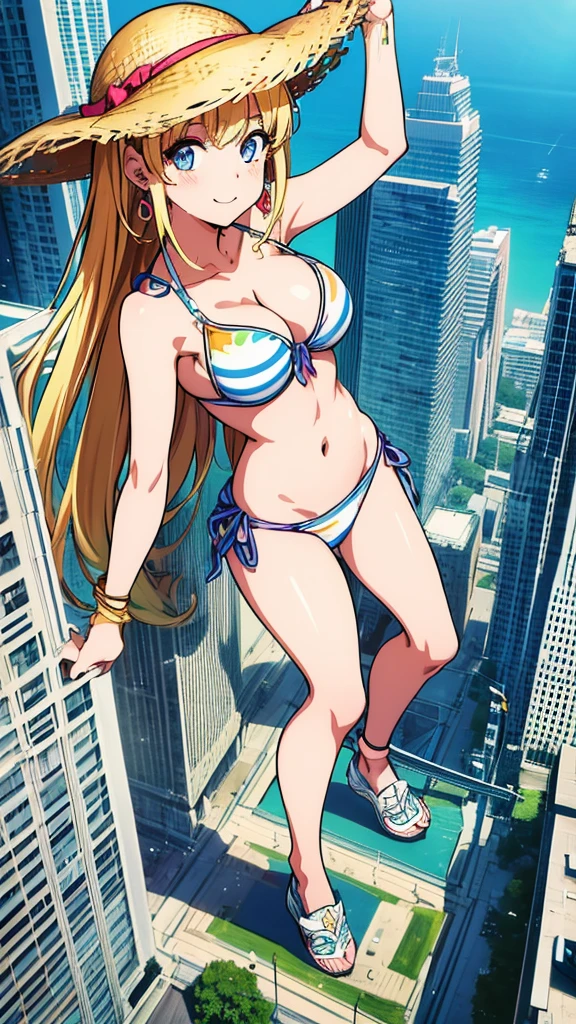 masterpiece　　Unreal Engine　Anime Style　Delicate painting　4K　90's　giant　Multiple Girls　crowd　 　Local metropolis　Residential Street　apartment　Apartment　　((高層apartment街の谷間の道路の上に立っている巨大なBikini Swimwearの女の子)) blue sky　cumulonimbus　sun shine　Bikini Swimwear　paola　sneakers　Straw hat　　smile　female giant giant girl Whole body 　 Destroyed skyscrapers Destroyed cars Crowd Unreal Engine,cleavage ,a drawing of a , earrings, long hair, 1980s (style) Cute picture　Beauty　Analog style　whole body　sneakers　