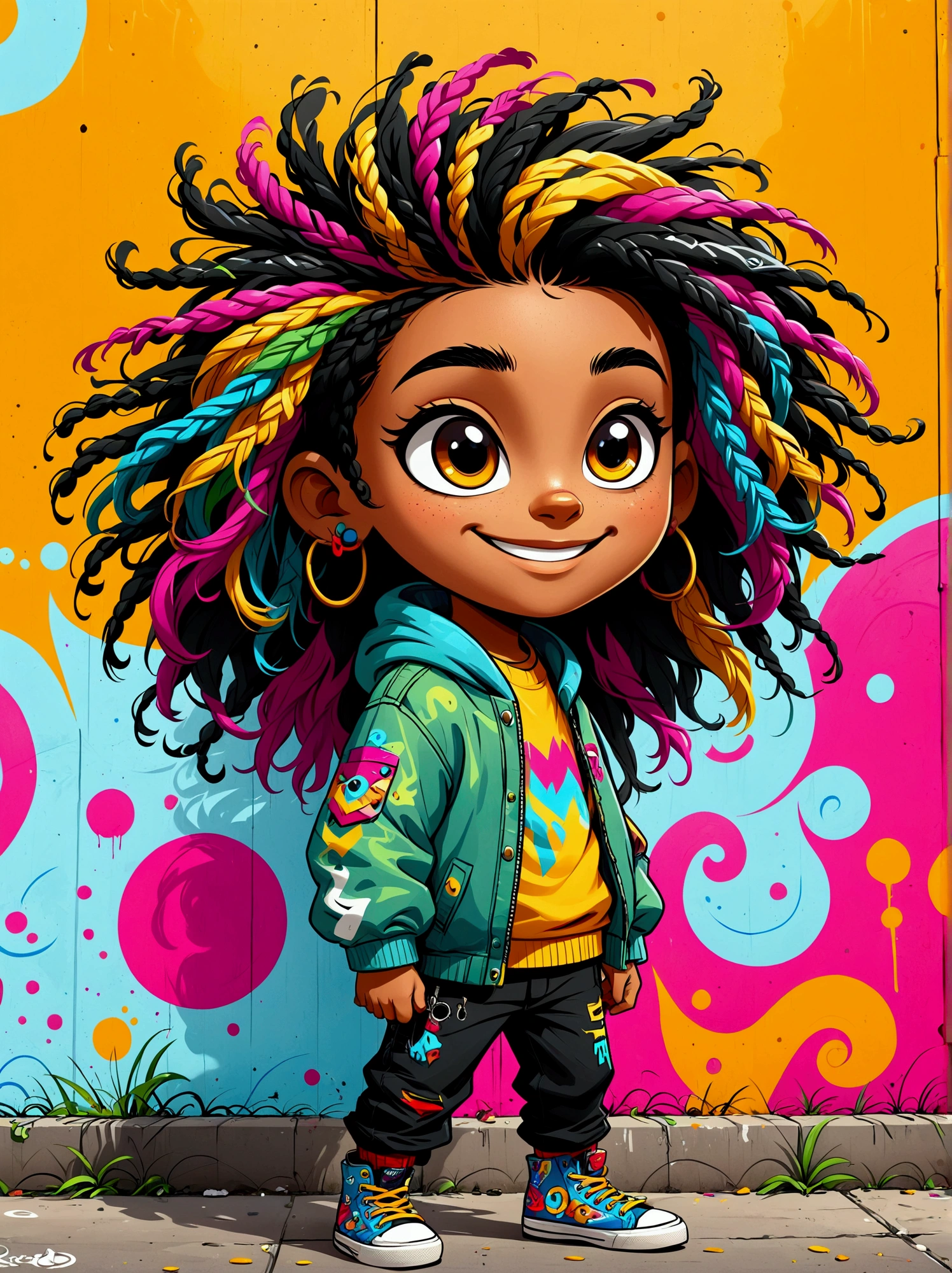 A graffiti-style vector art style logo，Cartoon characters，vector illustration，1 young boy，boku，large, expressive eyes，friendly smile，gorgeous clothing，colored hair，dreadlocks，Unique and wild hairstyle，Standing in front of a backdrop of estilo graffiti，Add whimsy to the scene