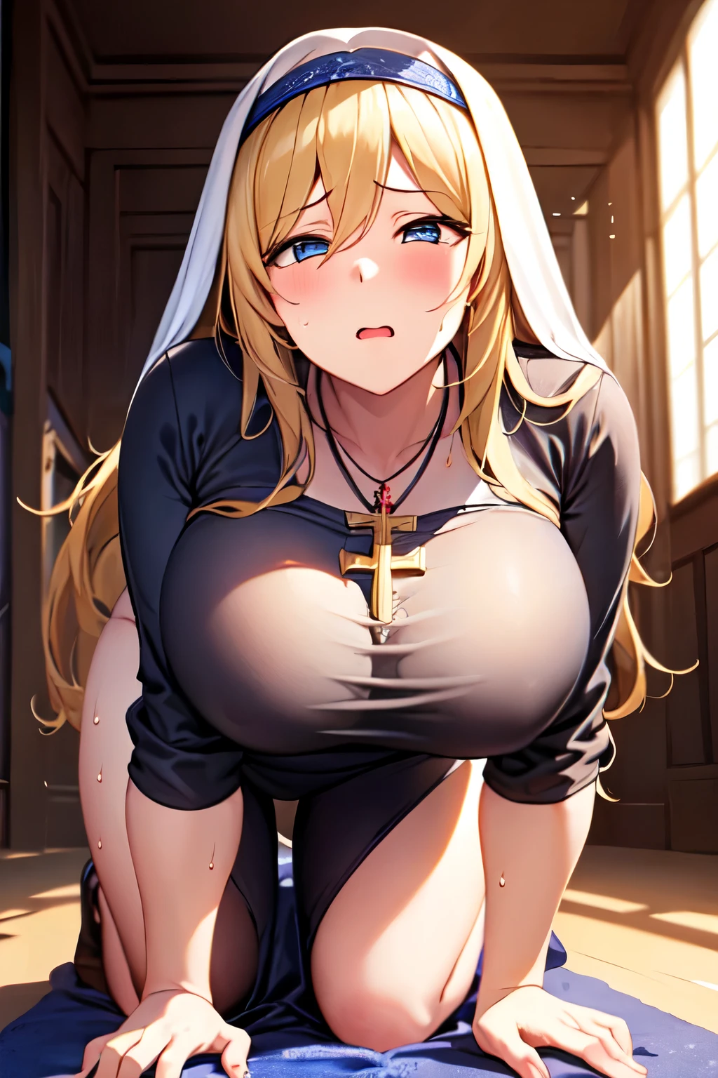 Highest quality, masterpiece, One girl, (alone:1.1), Ray Tracing, Super detailed,Detailed face, 8k 壁paper,Angle from the front、On all fours、Pray to God。Praying pose、corridor、 Wide Hips, Embarrassed face, Nuns, One girl, Blonde, Big Breasts, Long Hair,(Black Dress) Monastic clothes, blue eyes, necklace、Sweat、