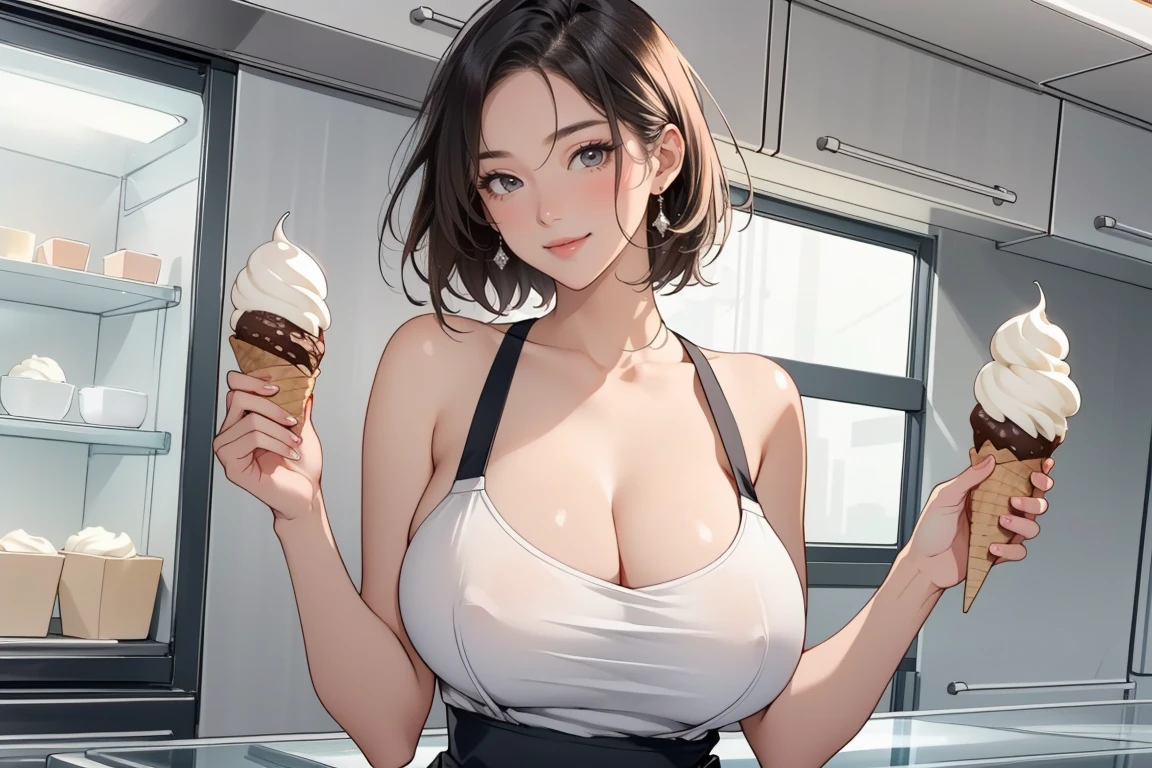 ((Masterpiece, top quality, high resolution)), ((highly detailed CG unified 8K wallpaper)), (huge stunning goddess shot, so hot and sexy, jaw dropping beauty, perfect proportions, beautiful body, slim body beauty:1.3), Food stall, kitchen car, two female clerks wearing black aprons selling ice cream, short hair, smiling, customers waiting in line, (handing ice cream to viewer:1.3), view from behind,