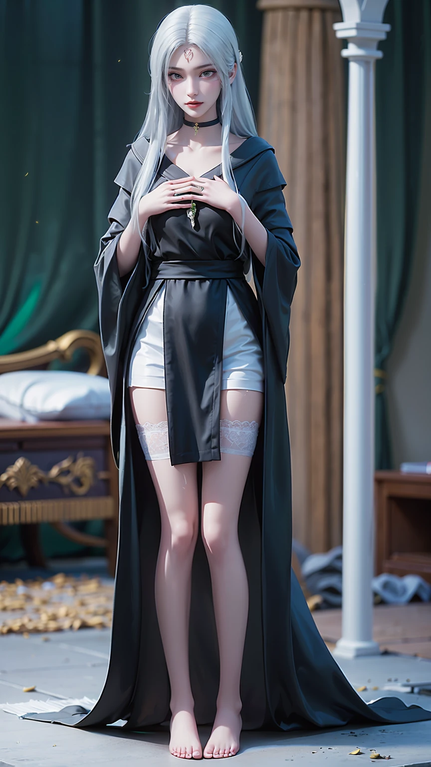 best quality,masterpiece,The Ultimate Solution,Fluffy,Extremely colorful,Mature beautiful woman,(Dress school uniform),Lace skirt,(Beautiful woman beheaded),Normal posture,(Kneeling),Kneeling on the bed,shackles,Beheading,collar,White stockings ,barefoot,Normal posture,(((White long hair))),(((Green eyes)),((Black robe)),((Place one hand on your chest))