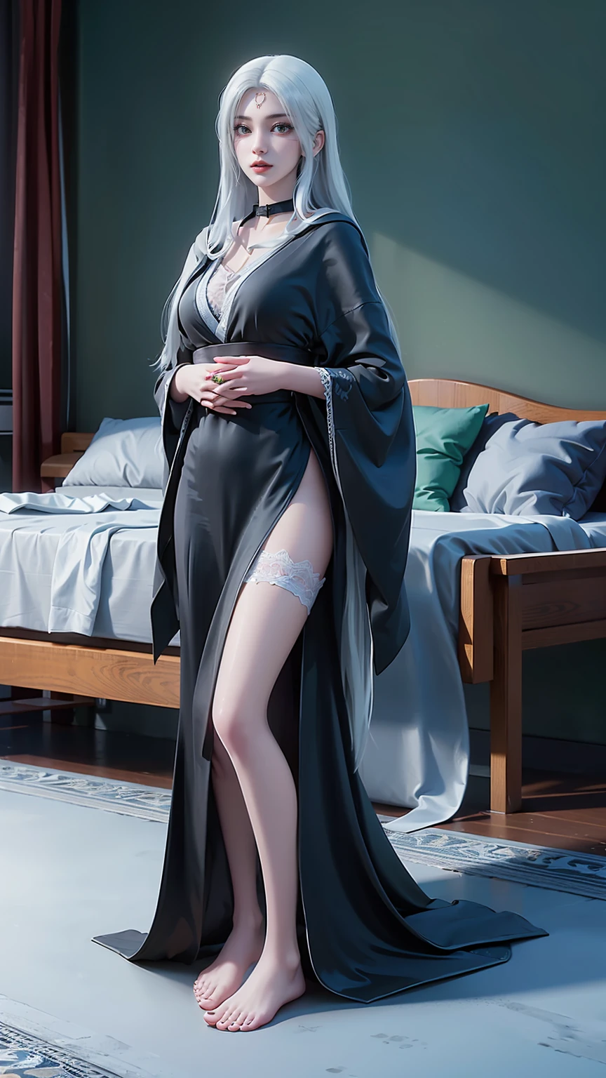 best quality,masterpiece,The Ultimate Solution,Fluffy,Extremely colorful,Mature beautiful woman,(Dress school uniform),Lace skirt,(Beautiful woman beheaded),Normal posture,(Kneeling),Kneeling on the bed,shackles,Beheading,collar,White stockings ,barefoot,Normal posture,(((White long hair))),(((Green eyes)),((Black robe)),((Place one hand on your chest))