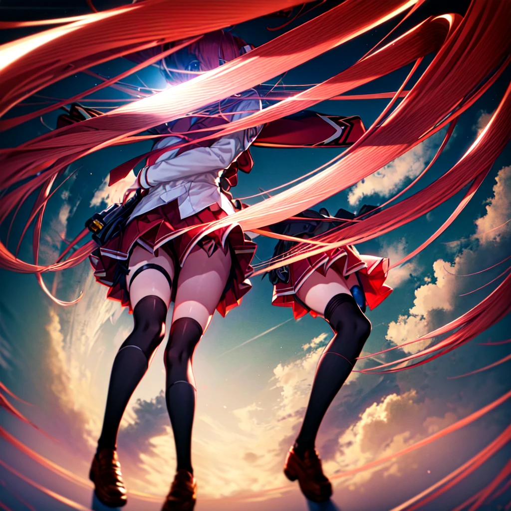 One girl, alone, Caria, Twin tails, Red Hair Color，Long Hair, Red hair ribbon,  Red eyes,(school uniform:1.2), Long sleeve, Short tie,  Flat Chest,  Kanzaki H. Aria，mini skirt, Black knee socks, Possession of a gun,