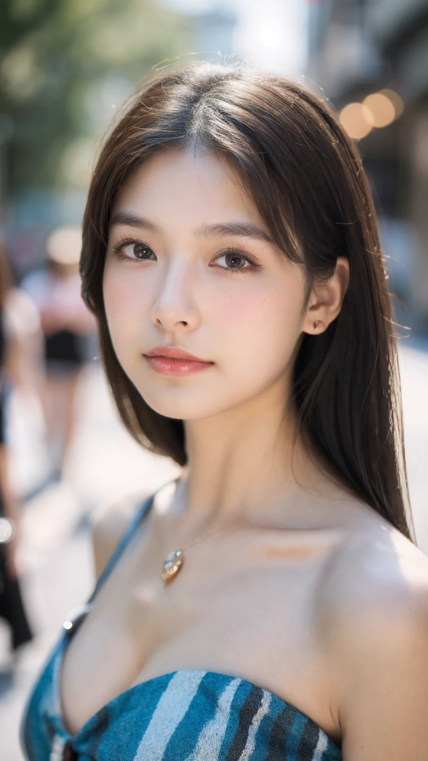((Best quality, 8K, masterpiece:1.3)),1girl,18 years old,Asian,Real texture:1.3,(Background blur:1.1),Dress Up,Tall and slender figure:1.2,(Hot summer weather),(street:1.3),Highly detailed face and skin textures,Exquisite eyes,Long eyelashes,Double eyelids,Skin Whitening,happy,Various postures,Big breasts