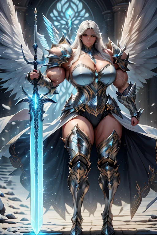 ((Massive beautiful, buff, light brown skinned muscular paladin woman with white hair, giant angel wings, black lipstick, ginormous bulky muscles, carrying a giant sword and wearing angel white paladin knight armored with a long tiered skirt)), ((close view)), large breast, massive muscles, massive biceps, hyper muscle shoulders, hyper muscle triceps, (long straight hair), (giant angel wings), blue eyes, (Paladin boots), (angel metal armor), breastplate, (angel gauntlets), (holy Shoulder armor), closed smile, (in a heavenly castle), snowfall, Vascular arms, hyper muscles arms, hyper muscle legs, massive buff arms.