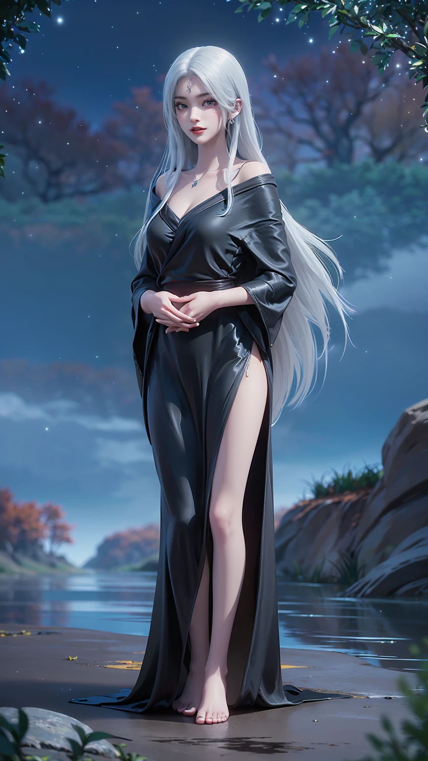 ((Biologically correct number of limbs))、(( Full body image(Including the face)))、4K、masterpiece、((Focus on the face))、((Symmetrical facial features))、The eyes are described in detail、Beautiful woman、Outstanding style、Beautiful arms、Beautiful legs、beautiful hands、(slim)、Facial details、Small earrings、necklace、(white shiny、Shiny dress、barefoot、radiant skin)Smile、(Beautiful legsのアップ)、Sweat,Starry Sky,Starry Sky背景,Deep View,above water,(((White long hair))),(((Green eyes)),((Black robe)),((Place one hand on your chest))