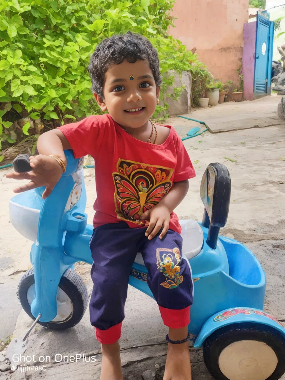 Shree Krishna, 10 years old, adorable cute face, bluish skin, beautiful eyes, divine smile, golden ornaments, long curly black hairs, peacock feathers, flowers, rainbow, forest scenery, colorful, amazing