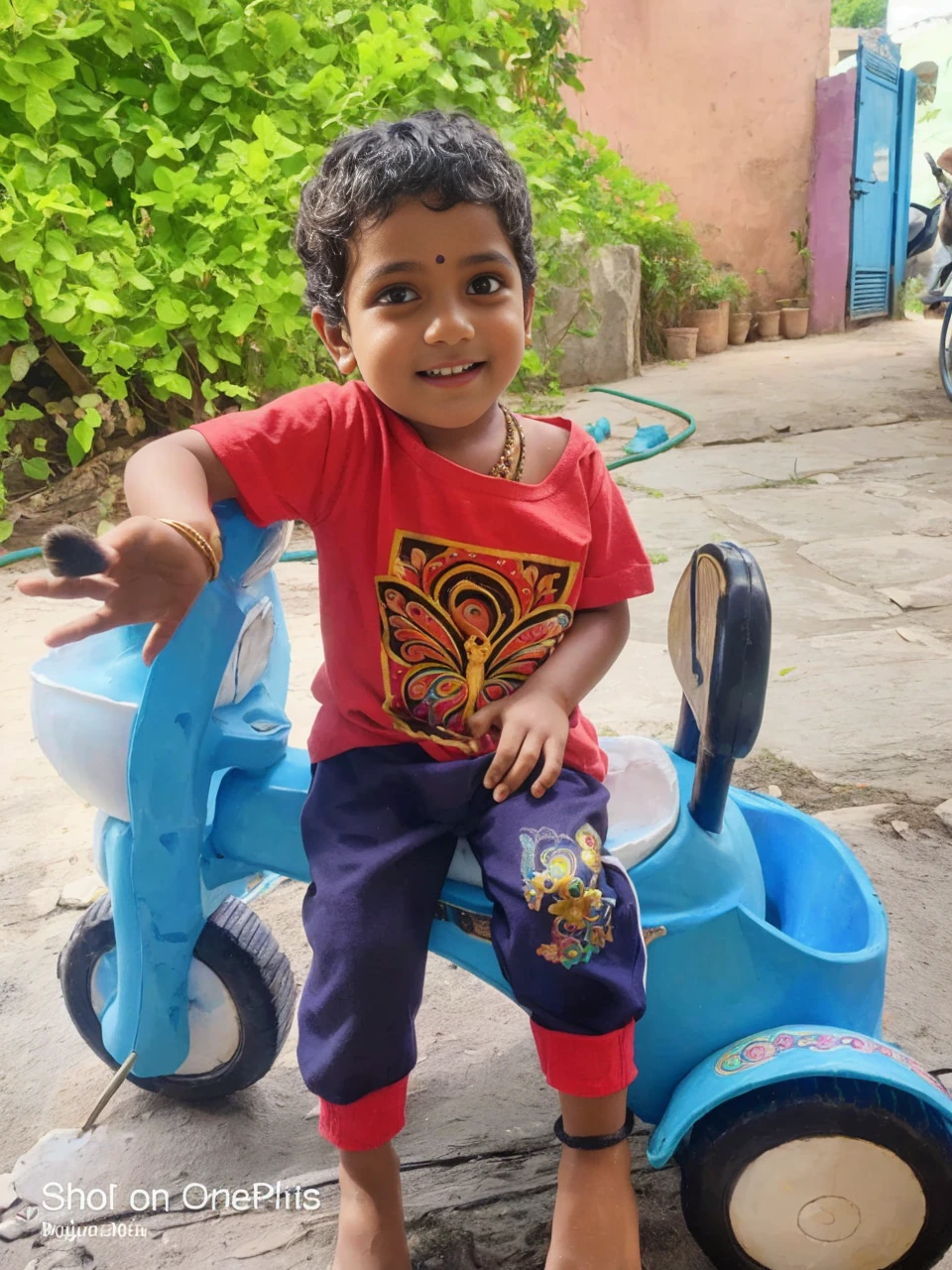 Shree Krishna, s old, adorable cute face, bluish skin, beautiful eyes, divine smile, golden ornaments, long curly black hairs, peacock feathers, flowers, rainbow, forest scenery, colorful, amazing