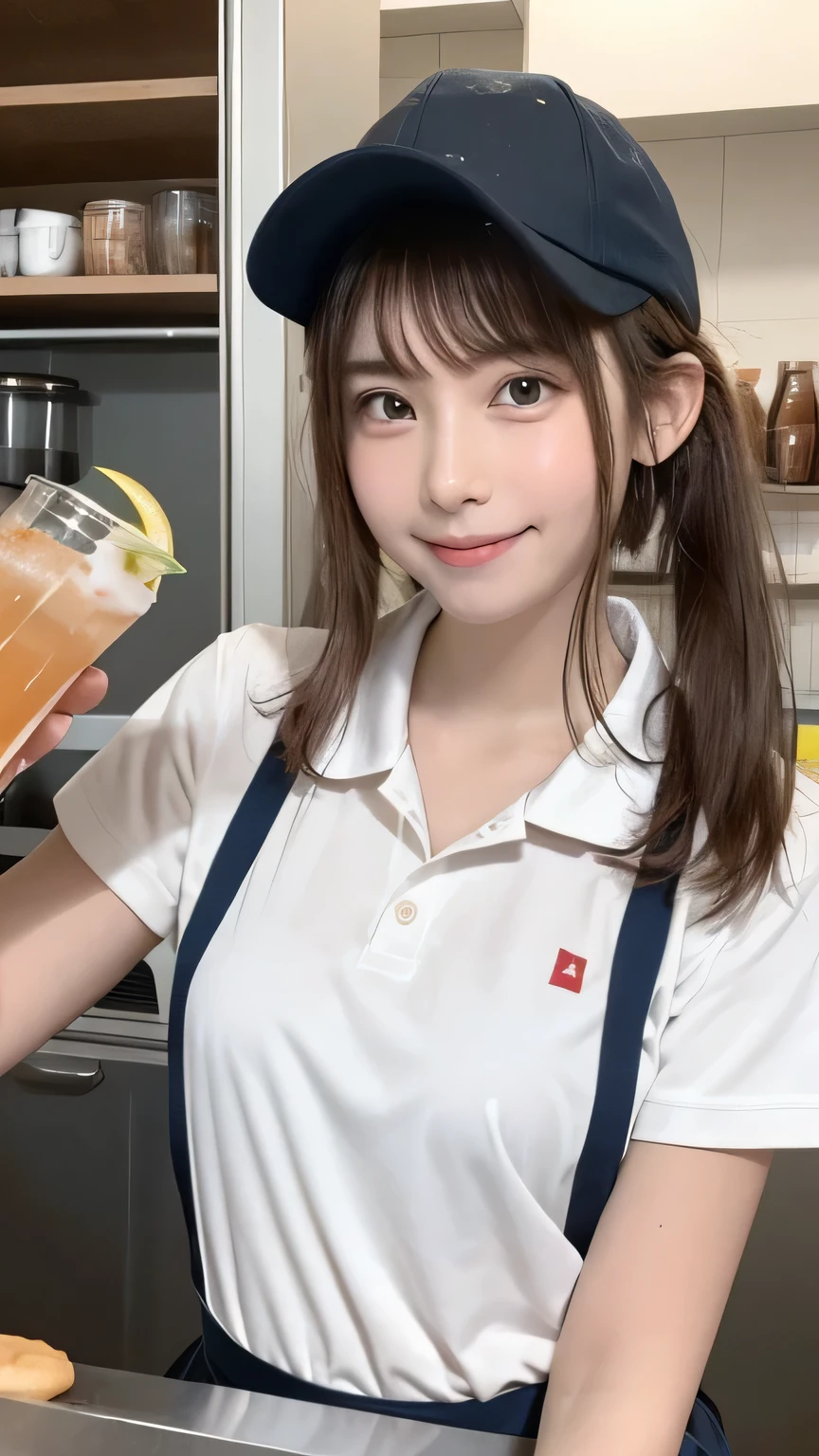 Best picture quality (8K, high resolution, Masterpiece: 1.2), super detailed,  215 Short Hair,Three braids long hair,  woman, 

Fast food worker preparing soft drinks: A girl is pouring a soft drink into a cup。
detailed:
angle: A shot showing the drink dispenser and the girl。In the background are a refrigerator and syrup containers.。
clothing: Uniform polo shirt、apron、cap。
atmosphere: A busy corner of the store、Second-rate々And the efficiency with which they handled the orders.。
action: A girl pours a soft drink into a cup、He closes the lid and prepares to offer the straw.。


Active Pause ,
Beside her、The thunder danced。
Close up shot of face


, random cute pose ,big eyes ,Puffy eyes eart Pupil, blush  , huge shy smile , salute





