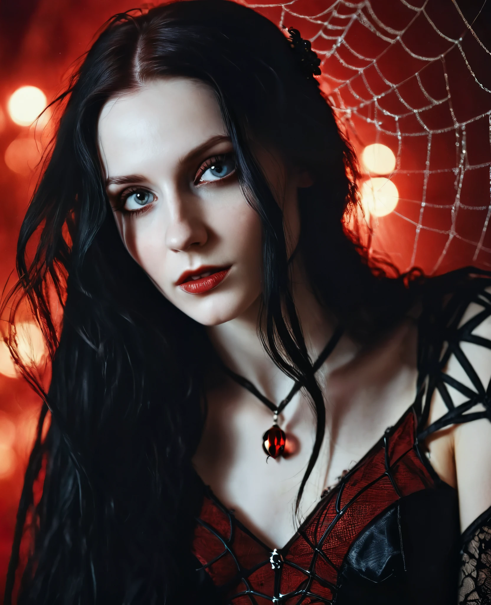 (Realistic:1.5), (((editorial photography))), (((extremely detailed))), ((masterpiece)), (gorgeous gothic woman in black red spider's web), dramatic lighting, (cinematic light:1.1), full body, (cute sexy:0.8), (cute face:1.2), Pleasure, faded colours, depth of field, 35 mm, analog photo style, gothic background, red splash particles with small luminism, spiders around, sunset, red dawn, dark atmosphere, medieval, intricate hair, inricate small details, (pale skin), hair ornament, long black hair, (fantasy world), (textured skin:1.4)
