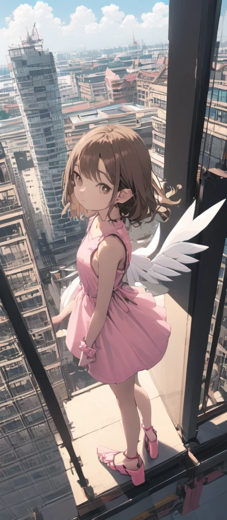 (masterpiece, best quality),from above , 1littlegirl, solo, (feathered wings:1.2), billboard, brown eyes, brown hair, building, city, cloudy sky, pink sleeveless short dress,pink sandal, crane \(machine\), dutch angle, from side, light frown, looking at viewer, outdoors, rooftop, sky, skyscraper