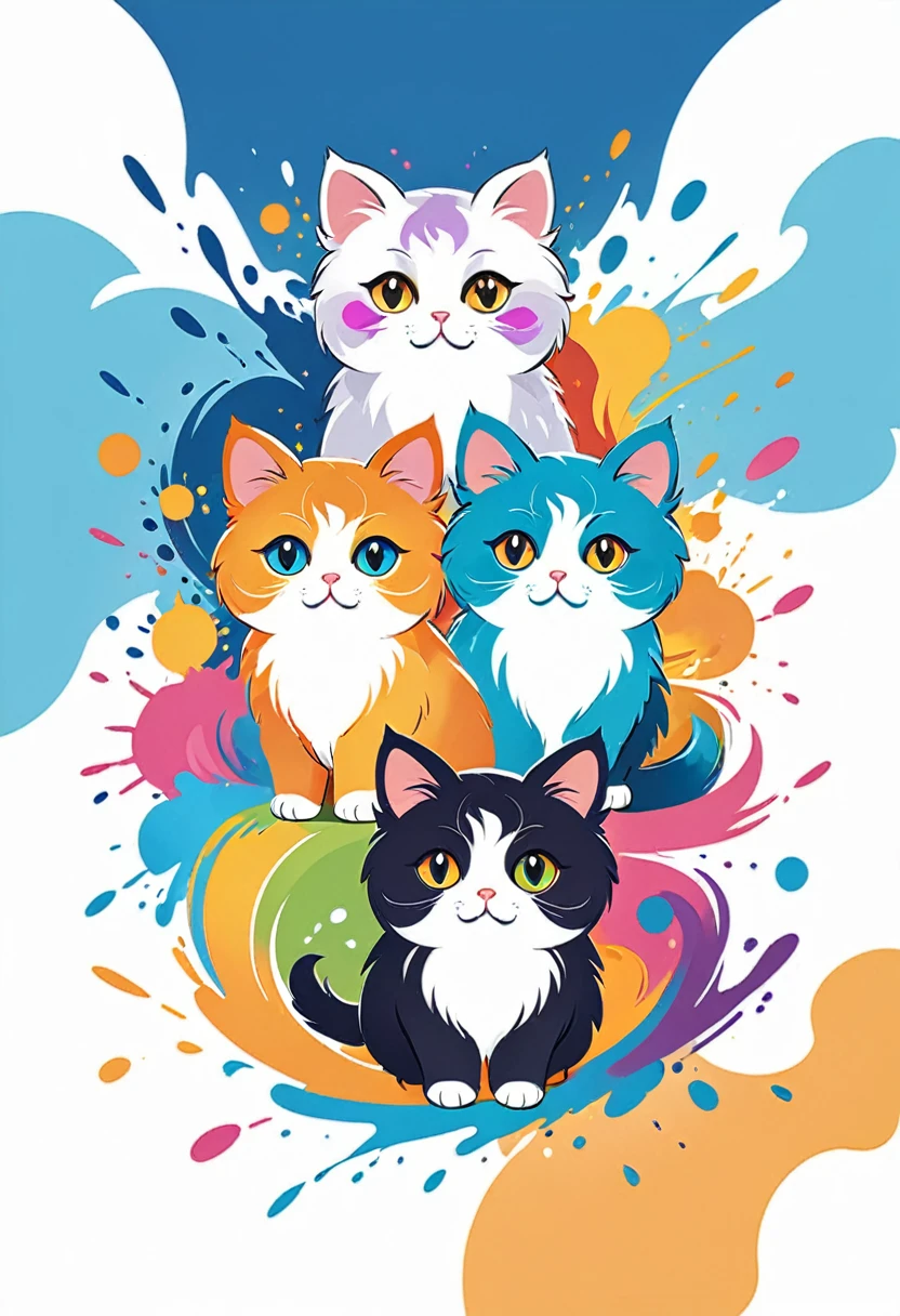 A vector art logo with colorful illustration with five, cute Persian cats, At the center, swirly vibrant colors, paint splashes and smears, high détail,Hawaiian style background