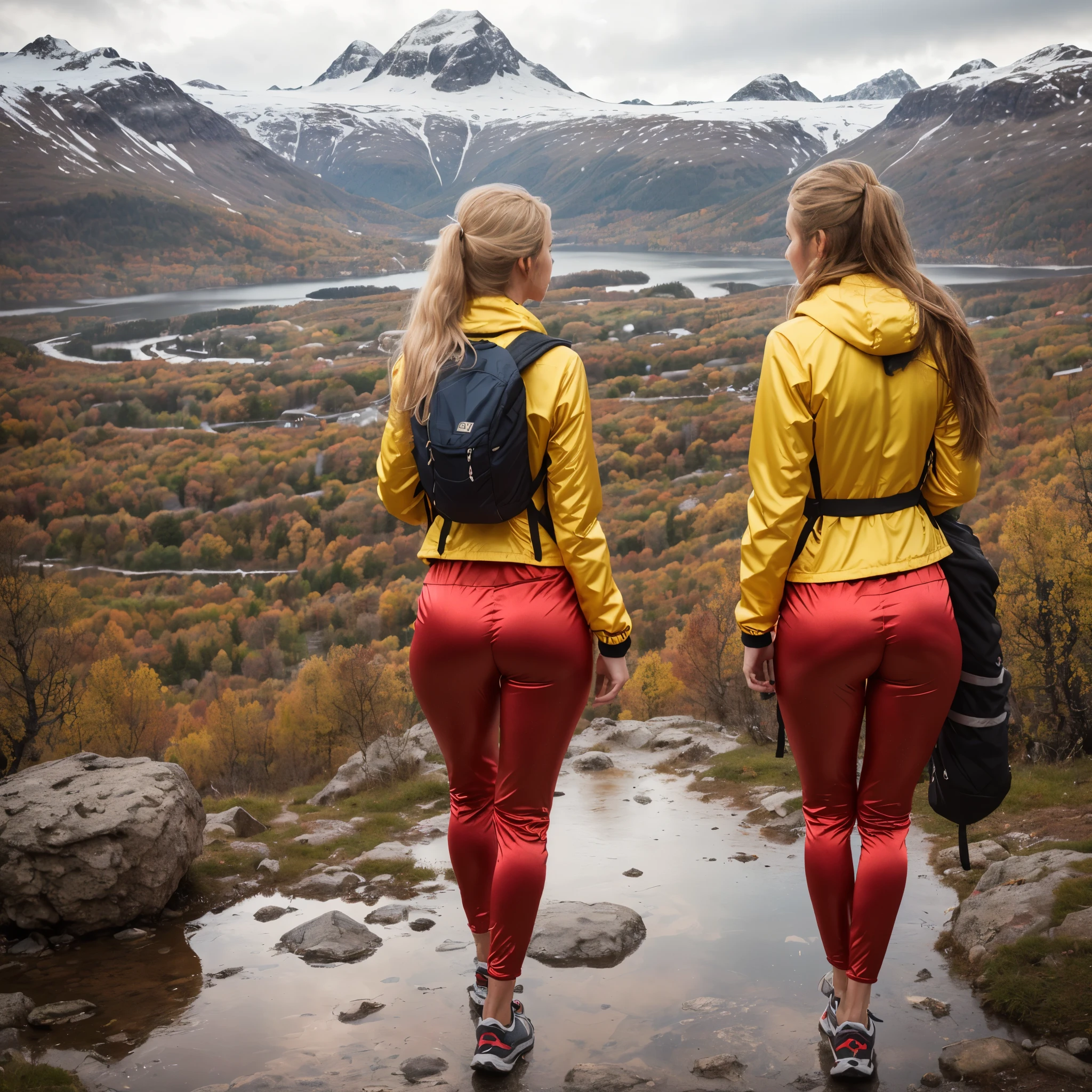 Naturescape photography; mountain climbing; Full body view; (1woman:0.5, solo), (slender body), (Small breasts) , (soaking wet red wind jacket ,tight satin Pants, terrain running shoes, big rucksack), standing on a mountain peak, Rough track, boulders , (long yellow hair), (nordic girl, 26-year-old, ultra delicate face, ultra Beautiful face, ultra delicate eyes, ultra detailed nose, ultra detailed mouth, ultra detailed facial features, natural skin, blemishes, blue eyes), (breasts are small: 0.5) (face is shiny:0.8), (natural skin:1  m, (Spectacular autumn rain, mountain views, with rugged Norwegian mountain ranges in the distance ), (Highest Quality, hyper-realistic:1.3, Super dense, very detailed illustration, Best image quality, very detailed illustration) natural skin, blemishes, detail skin texture, full body pose, natural skin poors, (((shot straight from the behind ))) she is uncomfortable and cold, afraid, sexy Ass, candid Ass,