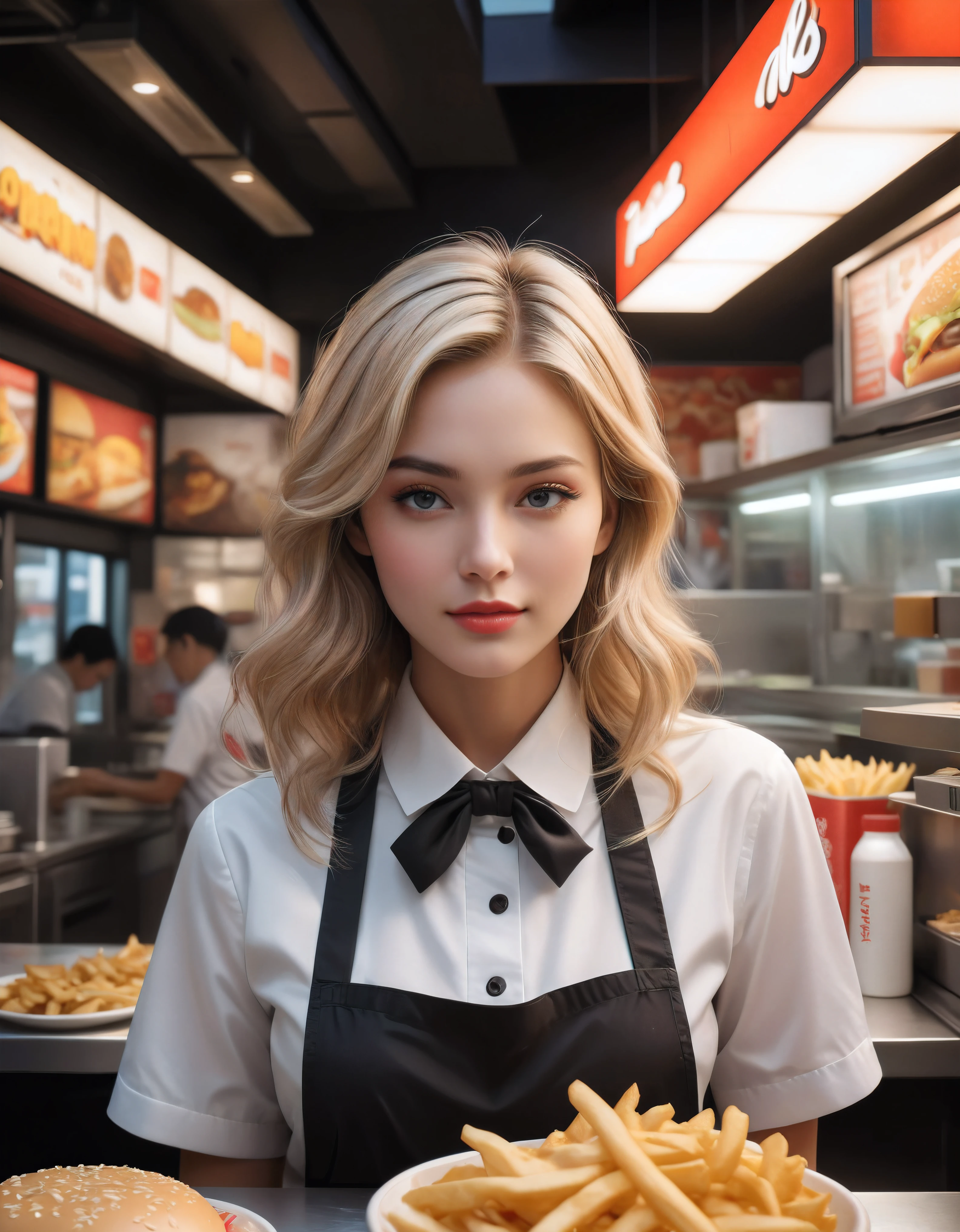 ((Masterpiece in maximum 16K resolution):1.6),((soft_color_photograpy:)1.5), ((Ultra-Detailed):1.4),((Movie-like still images and dynamic angles):1.3) | ((double contact):1.3), ((Supermodel beauty as a Fast Food Worker):1.2), ((Superimposed on Blonde Hair Cute Female):1.1), ((Fast food restaurant lighting):1.3), Oil and ink on canvas, fine dark art, super dramatic light, photoillustration, amazing depth, the ultra-detailed, iridescent black, superfluous dreams, intricately details, amazing depth, Amazing atmosphere, Mesmerizing whimsical vibrant landscapes, ((Fast Food Worker):1.2), ((Detailed Fast Food Restaurant):1.1), ((Happy view):1.1), ((hand gloves):1.1), Maximalism ((beautiful outside, Ugly inside, pressure and pain, beauty and despair, hard and soft, positive and negative, hot and cold, Sweet and sour, Vibrant but boring, Perfect harmony, light and shadows, old and young, Black and white, Corresponding color, loud and quiet, Chaos and peace, life and death):1.2) The complex masterpiece of a real-time engineering leader. | Rendered in ultra-high definition with UHD and retina quality, this masterpiece ensures anatomical correctness and textured skin with super detail. With a focus on high quality and accuracy, this award-winning portrayal captures every nuance in stunning 16k resolution, immersing viewers in its lifelike depiction. | ((perfect_composition, perfect_design, perfect_layout, perfect_detail, ultra_detailed)), ((enhance_all, fix_everything)), More Detail, Enhance.