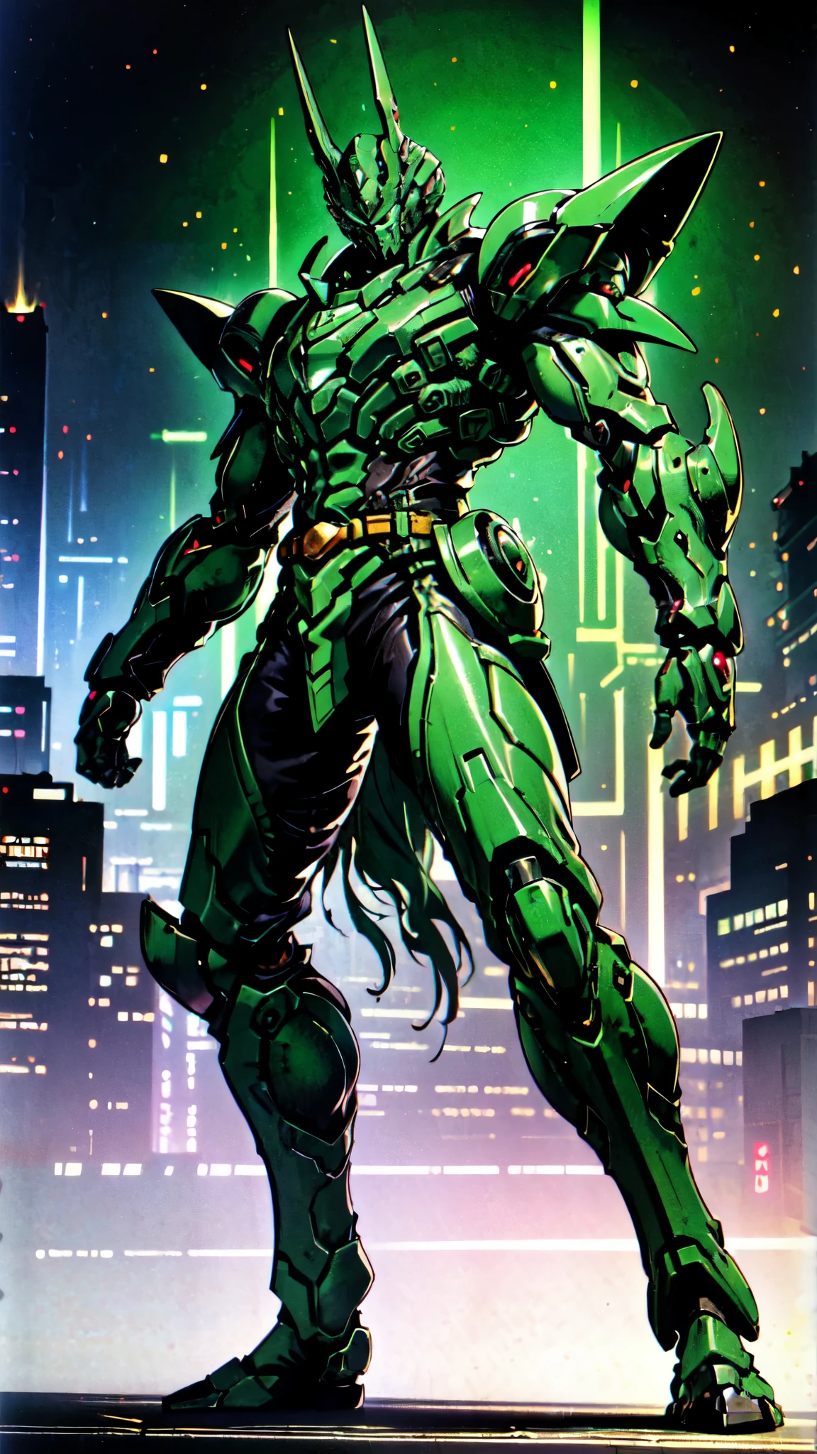 (masterpiece:1.5, best quality:1.5, extremely delicate:1.5, foreshortening:1.5, dynamic angle:1.5), a man wearing a full-face helmet, a fantasy-style biotech armored combat suit, green eyes, (a composite layered chest armor), fully enclosed shoulder guards, matching arm and leg guards, the belt is adorned with neon circuitry, (the color scheme is primarily black glow with green and red accents), the design balances heavy with agility, a high-tech bio-mecha armor, (Armor Concept Inspired by neon Cyberpunk, stand on the top of a skyscraper in a futuristic sci-fi city), this character embodies a finely crafted fantasy-surreal style armored hero in anime style, exquisite and mature manga art style, (element, plasma, energy, the armor glows), ((male:1.5)), metallic, high definition, highres, ultra-detailed, ultra-fine painting, professional, perfect body proportions, golden ratio, anatomically correct, symmetrical face, extremely detailed eyes and face, high quality eyes, creativity, RAW photo, UHD, 32k, Natural light, cinematic lighting, masterpiece-anatomy-perfect