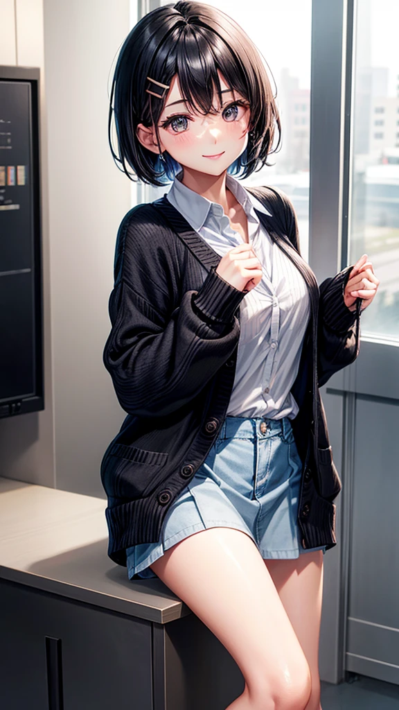 Black short hair and dark eyes、 girl、Small Breasts、Smile、、knitted cardigan、There are bright spots around the eyes、cute hairpin、I can see the whole body、School