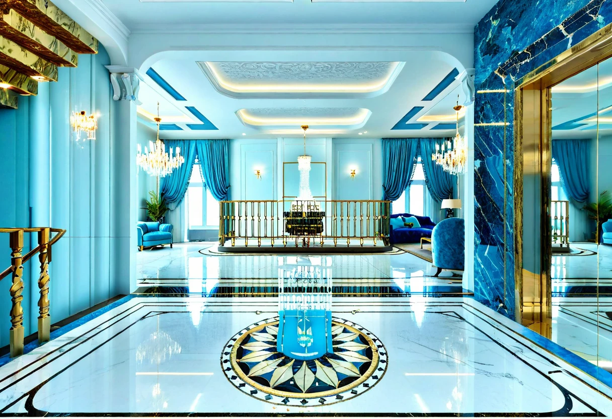 arafed living room with a blue couch and a chandelier, marble room, magnificent design, luxurious environment, interior design, rich azure tones, maximalist sculpted design, fancy apartment, popular interior design style, luxury condo interior, living room interior design, interior design living room, luxury lifestyle, marble floors, modern interior design, tiffany style, white marble interior photograph,