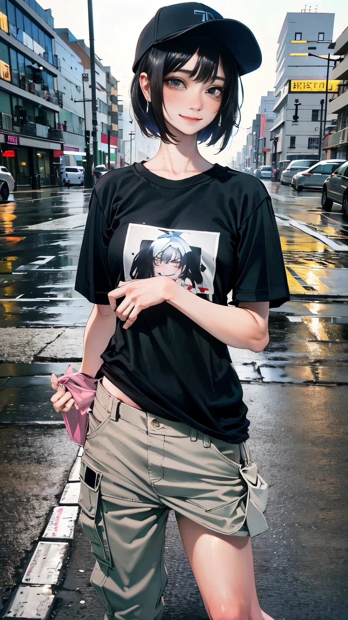 super resolution,
(realistic:1.3),
(1 slim girl), stylish girl, fashion,
young face, blush, (evil smile),
(slim) thigh,
baseball cap, earrings,
(black t-shirt), (baggy cargo pants),
gravure,
Rainy streets