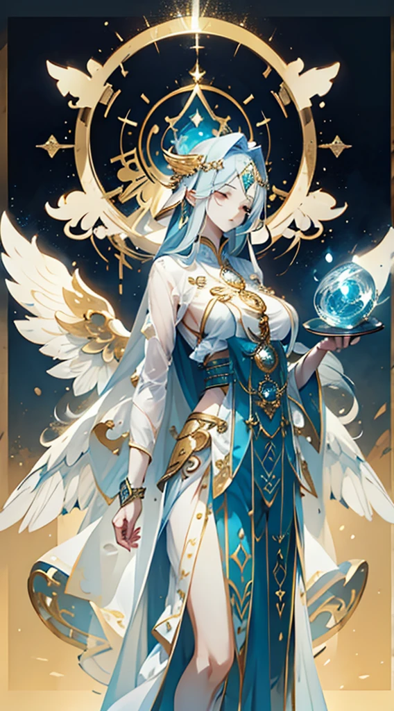 goddess，Fantasy style，Magic Style，Greek style，White gold color scheme，White and gold，goddess，Halo，Divinity，wing，wing，wing，wing，wing，Big breasts大屁股，Big breasts，Full figure，Royal sister，graceful，Noble temperament，robe，高开叉robe，Golden runes，Kingdom of Heaven background，Ancient Greek temple background，Close-up above the waist，Upper body close-up