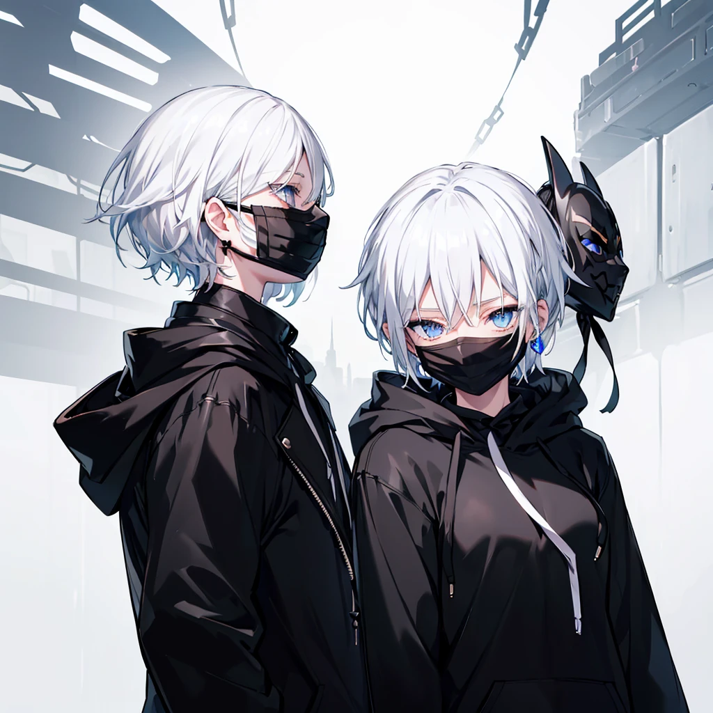 (((((Black Mask))))) ((((Black hoodie Wearing a hood woman)))) (((blue eyes White Hair Short Hair))) ((Shiny earrings black ribbon Catch the wind)) White background Shining Edge Shining Background