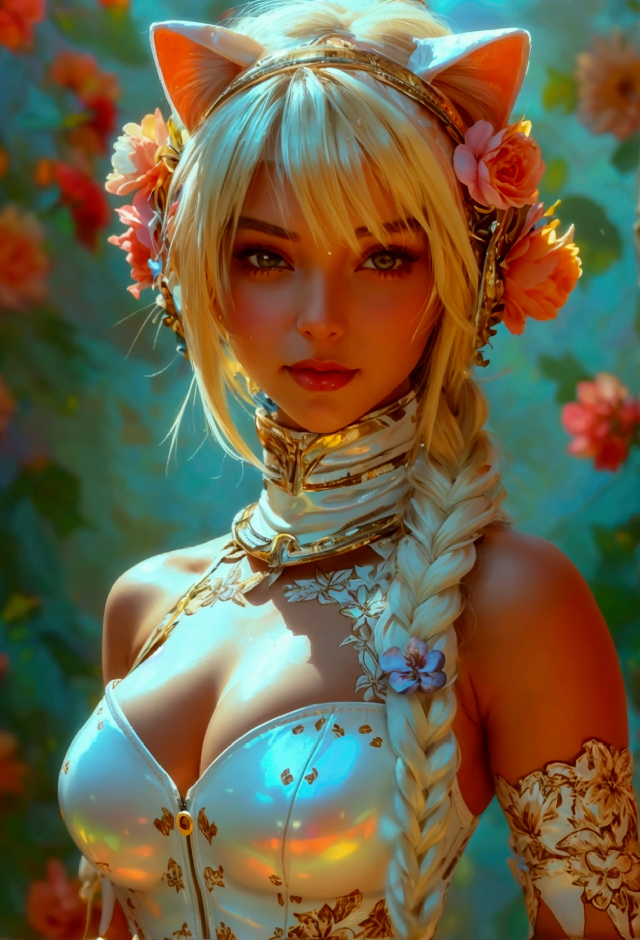 1girl, curvy fitness body, beauty, beautiful russian girl, shiny blonde braids, busty, skintight flower printed over white catsuit, skintight flower printed skirt, skintight flower printed suit, skintight headband over forehead, wide satin choker, tight wide waist belt, multiple shiny bucklets, shiny stockings, white panties, short boots, smile,