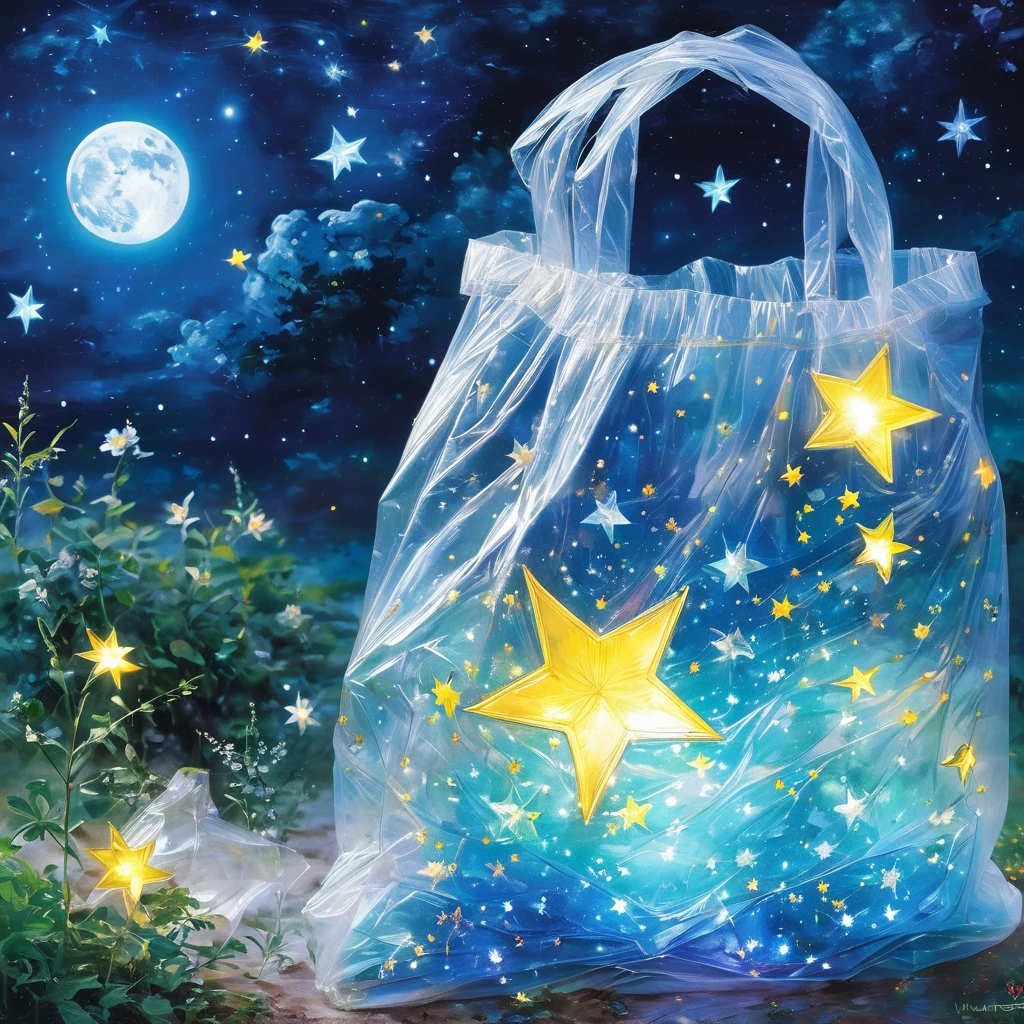 (masterpiece, best quality:1.2),Put the stars and the moon in a plastic bag,Luminescence