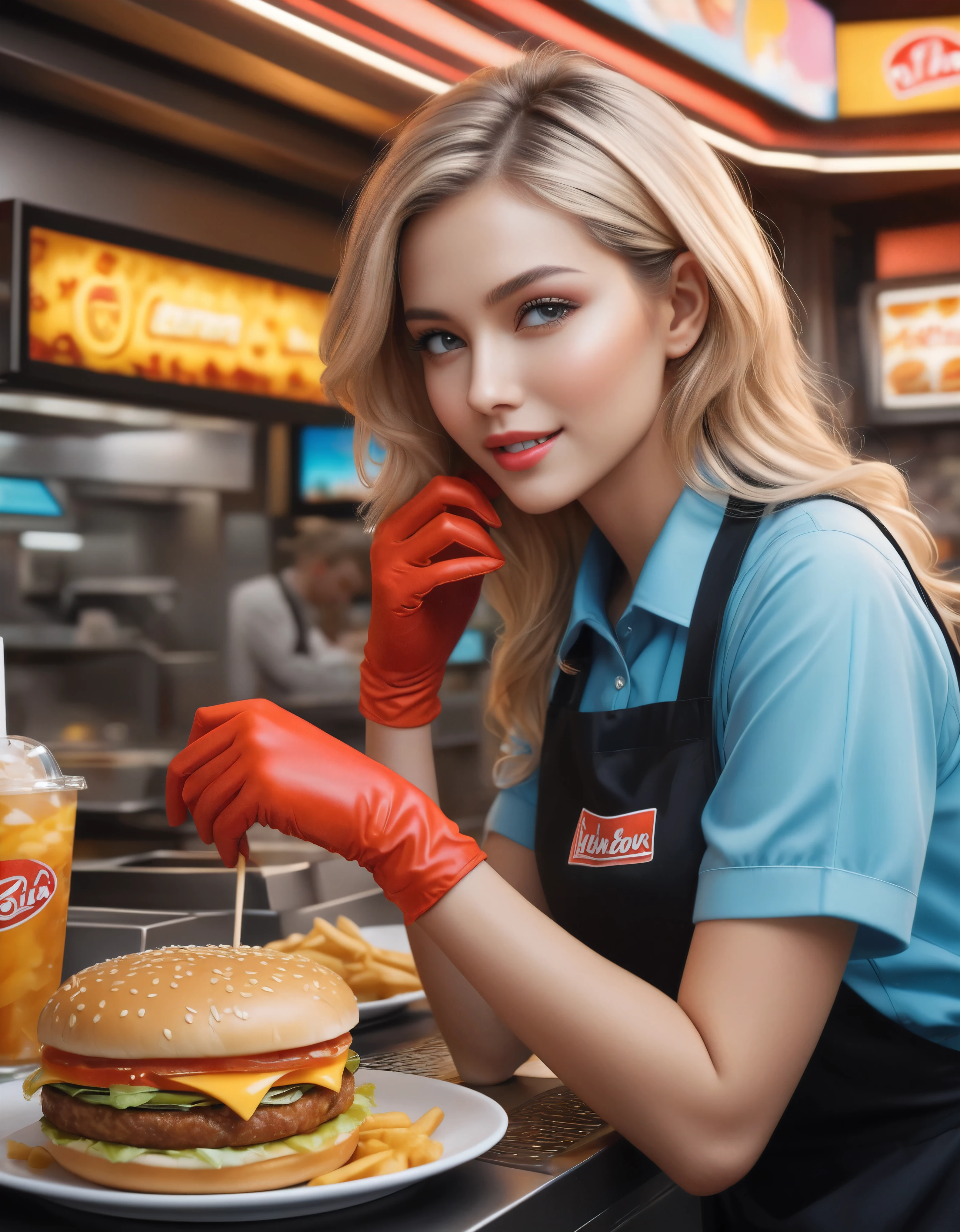 ((Masterpiece in maximum 16K resolution):1.6),((soft_color_photograpy:)1.5), ((Ultra-Detailed):1.4),((Movie-like still images and dynamic angles):1.3) | ((double contact):1.3), ((Supermodel beauty as a Fast Food Worker):1.2), ((Superimposed on Blonde Hair Cute Female):1.1), ((Fast food restaurant lighting):1.3), Oil and ink on canvas, fine dark art, super dramatic light, photoillustration, amazing depth, the ultra-detailed, iridescent black, superfluous dreams, intricately details, amazing depth, Amazing atmosphere, Mesmerizing whimsical vibrant landscapes, ((Fast Food Worker):1.2), ((Detailed Fast Food Restaurant):1.1), ((Happy view):1.1), ((hand gloves):1.1), Maximalism ((beautiful outside, Ugly inside, pressure and pain, beauty and despair, hard and soft, positive and negative, hot and cold, Sweet and sour, Vibrant but boring, Perfect harmony, light and shadows, old and young, Black and white, Corresponding color, loud and quiet, Chaos and peace, life and death):1.2) The complex masterpiece of a real-time engineering leader. | Rendered in ultra-high definition with UHD and retina quality, this masterpiece ensures anatomical correctness and textured skin with super detail. With a focus on high quality and accuracy, this award-winning portrayal captures every nuance in stunning 16k resolution, immersing viewers in its lifelike depiction. | ((perfect_composition, perfect_design, perfect_layout, perfect_detail, ultra_detailed)), ((enhance_all, fix_everything)), More Detail, Enhance.