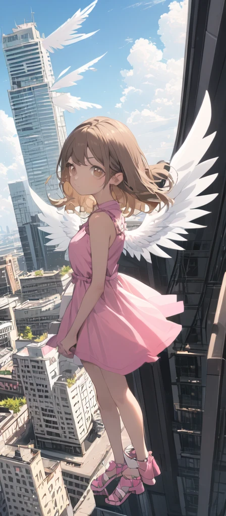 (masterpiece, best quality),from above , 1littlegirl, solo, (feathered White angel wings:1.2), yellow halo,billboard, brown eyes, brown hair, building, city, cloudy sky, pink sleeveless short dress,pink sandal, crane \(machine\), dutch angle, from side, light frown, looking at viewer, outdoors, rooftop, sky, skyscraper