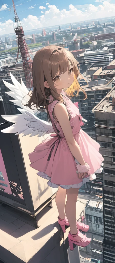 (masterpiece, best quality),from above , 1littlegirl, solo, (feathered White angel wings:1.2), yellow halo,billboard, brown eyes, brown hair, building, city, cloudy sky, pink sleeveless short dress,pink sandal, crane \(machine\), dutch angle, from side, light frown, looking at viewer, outdoors, rooftop, sky, skyscraper