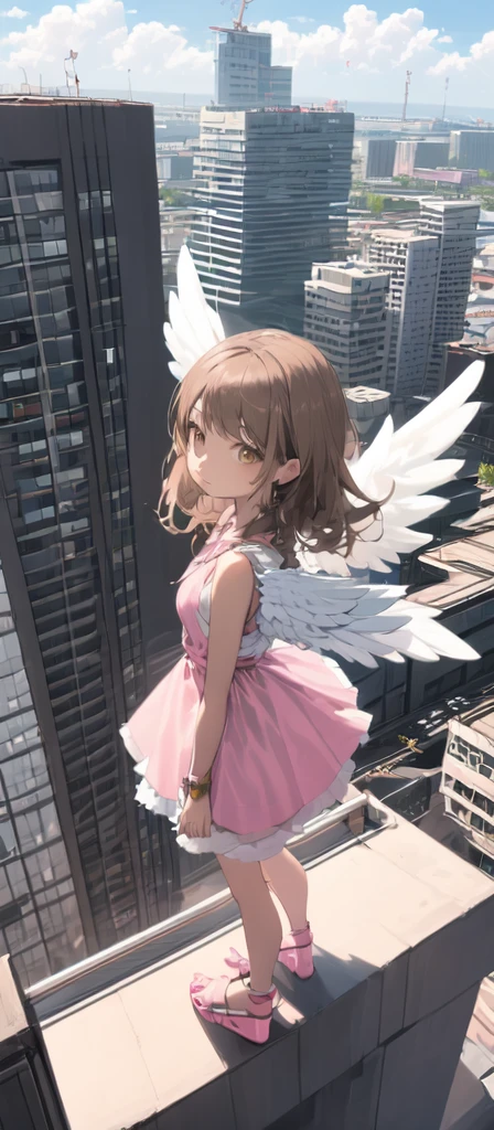 (masterpiece, best quality),from above , 1littlegirl, solo, (feathered White angel wings:1.2), yellow halo,billboard, brown eyes, brown hair, building, city, cloudy sky, pink sleeveless short dress,pink sandal, crane \(machine\), dutch angle, from side, light frown, looking at viewer, outdoors, rooftop, sky, skyscraper