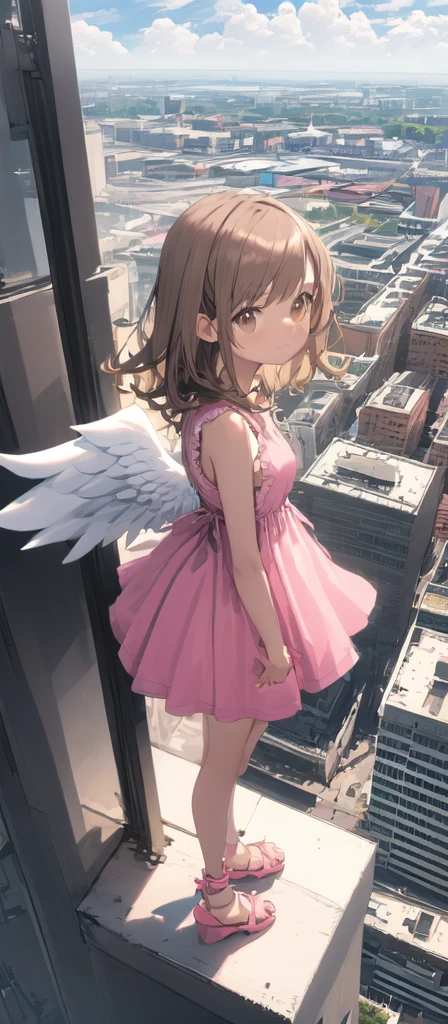 (masterpiece, best quality),from above , 1littlegirl, solo, (feathered White angel wings:1.2), yellow halo,billboard, brown eyes, brown hair, building, city, cloudy sky, pink sleeveless short dress,pink sandal, crane \(machine\), dutch angle, from side, light frown, looking at viewer, outdoors, rooftop, sky, skyscraper
