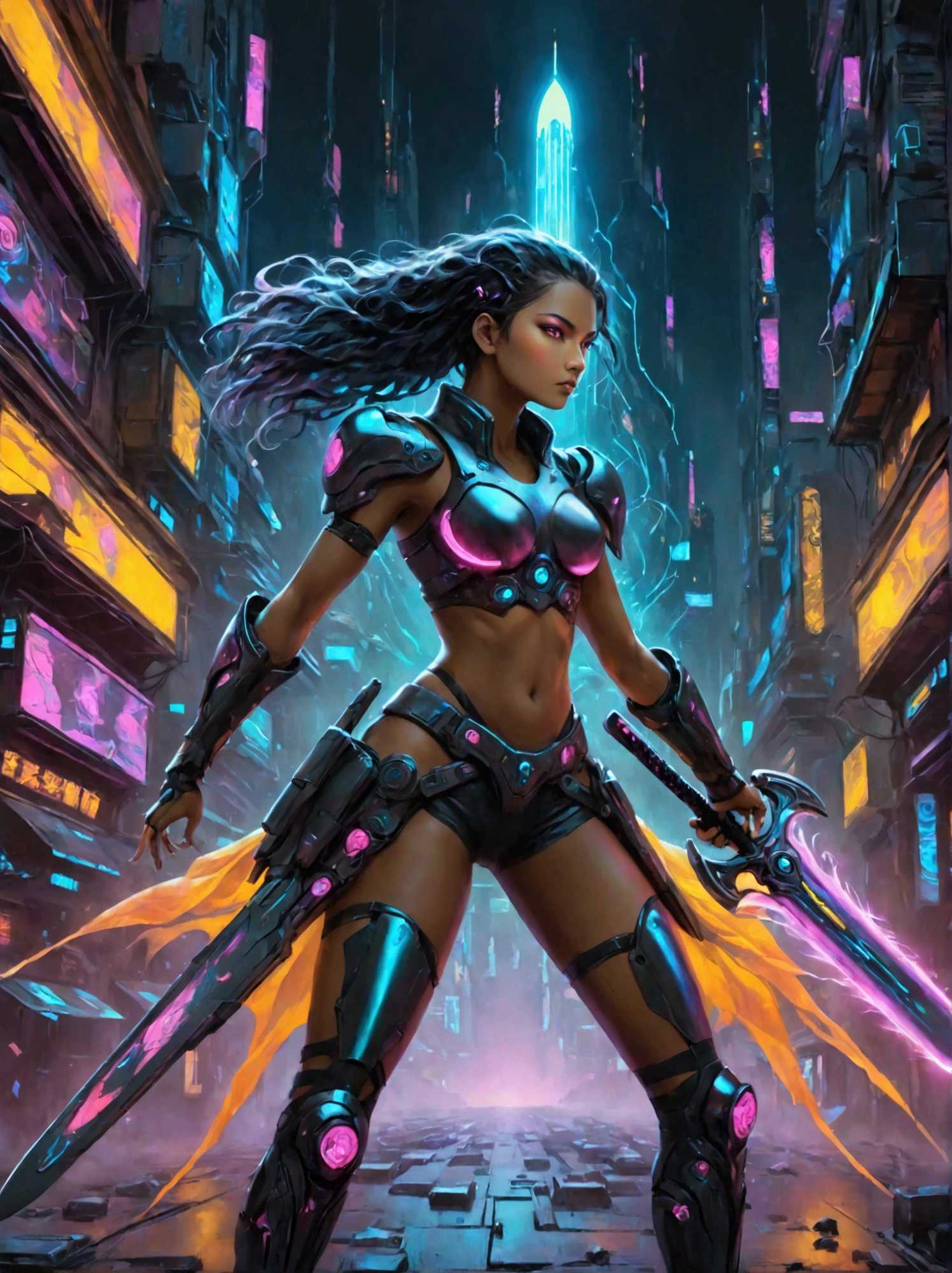 A futuristic warrior, resplendent in glowing armor of vibrant neon shades, stands poised in an active, dynamic stance. The warrior, whose descent is South Asian and gender is female, grasps a light-emanating sword with an air of readiness and intensity. The scene captures the aesthetics of cyberpunk, painted digitally with bold, adventurous brush strokes that mimic the flow and urgency of the situation. Billows of energy erupt around her, as if the city nightscape itself is reacting to her presence. It's a whirlwind of luminosity and avant-garde futurism, encapsulating a cyberpunk warrior's resolve in the face of adversity