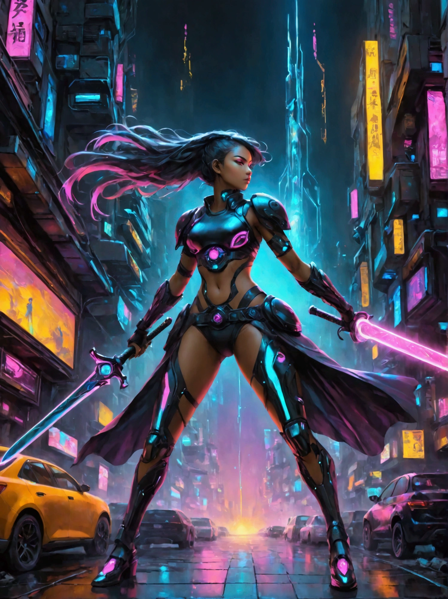 A futuristic warrior, resplendent in glowing armor of vibrant neon shades, stands poised in an active, dynamic stance. The warrior, whose descent is South Asian and gender is female, grasps a light-emanating sword with an air of readiness and intensity. The scene captures the aesthetics of cyberpunk, painted digitally with bold, adventurous brush strokes that mimic the flow and urgency of the situation. Billows of energy erupt around her, as if the city nightscape itself is reacting to her presence. It's a whirlwind of luminosity and avant-garde futurism, encapsulating a cyberpunk warrior's resolve in the face of adversity