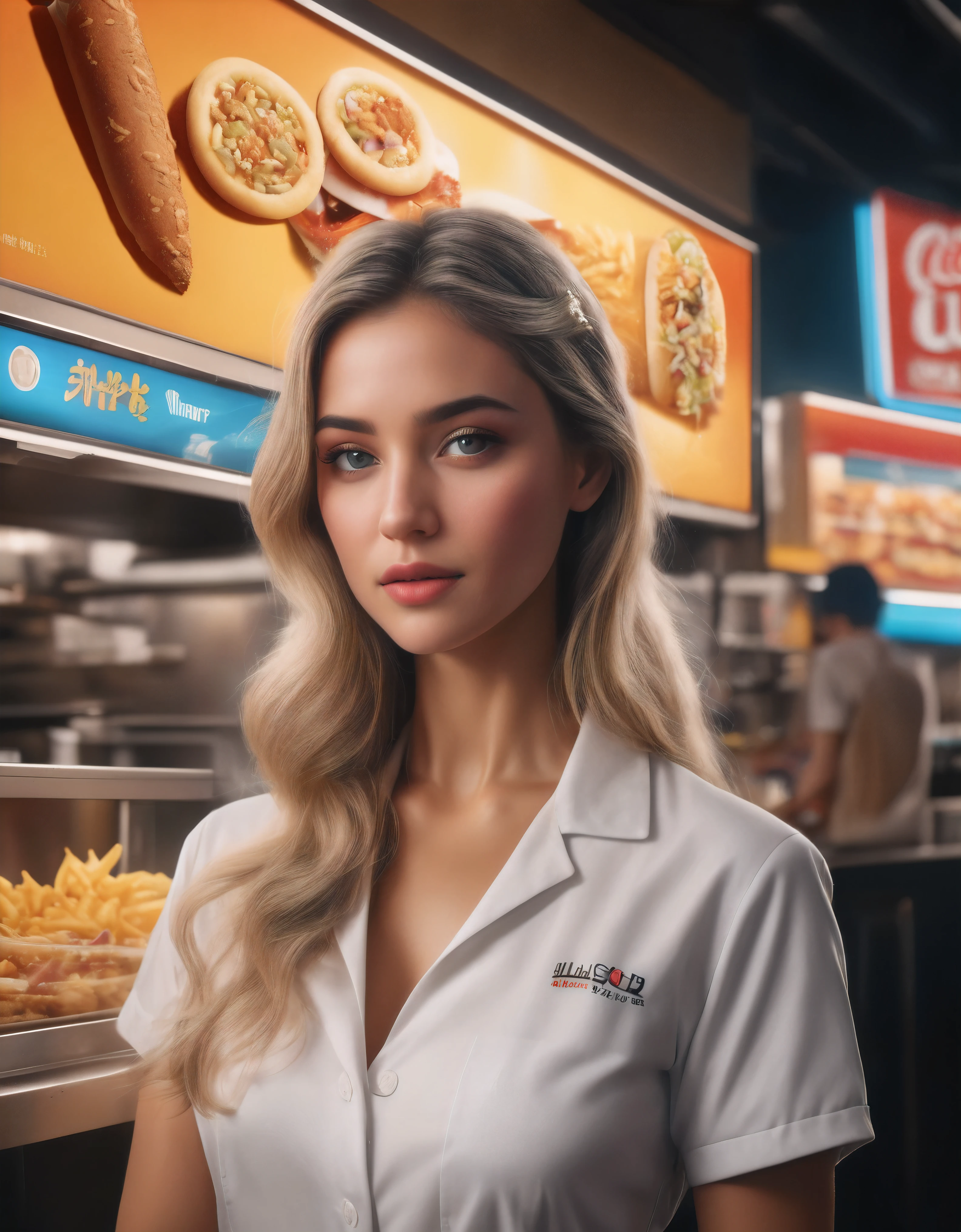 ((Masterpiece in maximum 16K resolution):1.6),((soft_color_photograpy:)1.5), ((Ultra-Detailed):1.4),((Movie-like still images and dynamic angles):1.3) | ((double contact):1.3), ((Supermodel beauty as a Fast Food Worker):1.2), ((Superimposed on Blonde Hair Cute Female):1.1), ((Fast food restaurant lighting):1.3), Oil and ink on canvas, fine dark art, super dramatic light, photoillustration, amazing depth, the ultra-detailed, iridescent black, superfluous dreams, intricately details, amazing depth, Amazing atmosphere, Mesmerizing whimsical vibrant landscapes, ((Fast Food Worker):1.2), ((Detailed Fast Food Restaurant):1.1), ((Happy view):1.1), ((hand gloves):1.1), Maximalism ((beautiful outside, Ugly inside, pressure and pain, beauty and despair, hard and soft, positive and negative, hot and cold, Sweet and sour, Vibrant but boring, Perfect harmony, light and shadows, old and young, Black and white, Corresponding color, loud and quiet, Chaos and peace, life and death):1.2) The complex masterpiece of a real-time engineering leader. | Rendered in ultra-high definition with UHD and retina quality, this masterpiece ensures anatomical correctness and textured skin with super detail. With a focus on high quality and accuracy, this award-winning portrayal captures every nuance in stunning 16k resolution, immersing viewers in its lifelike depiction. | ((perfect_composition, perfect_design, perfect_layout, perfect_detail, ultra_detailed)), ((enhance_all, fix_everything)), More Detail, Enhance.