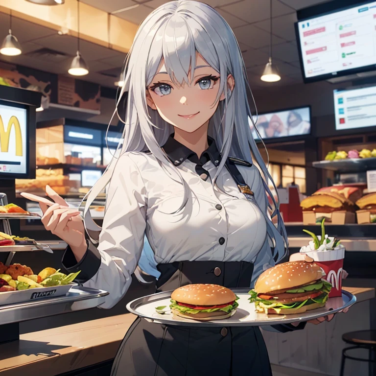 
verniy, grey hair, waitress at McDonald's,(fast-food uniform:1.4),
,(masterpiece:1.4),(best quality:1.4), (amazing), (great illustration:1.4), (ultra-detailed:1.4), (art CG, 8K)
,(hold a tray of orders :1.4),fast-food restaurant,(smile:1.4)