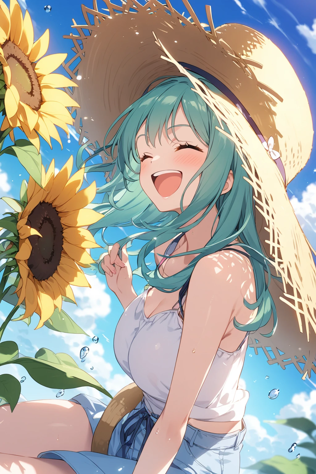 Summer sky、sunflower、Straw hat、Big smile、One Piece Appears、Open your mouth wide、Wink、Bright, Energetic and Active,