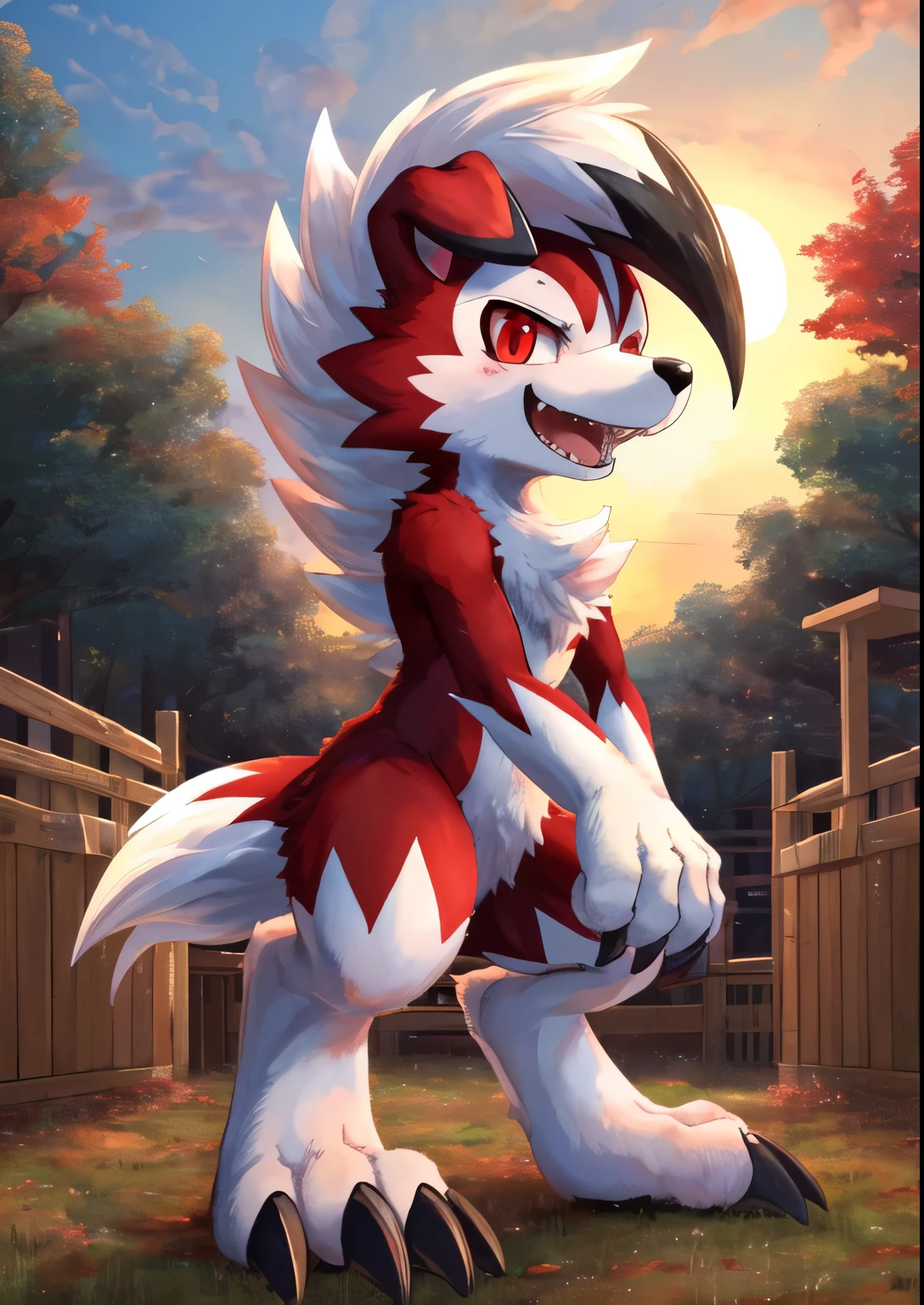 (by：hirochanu: 1.8)，a midnight lycanroc,45° Side face，smile，(red eyes: 1.5)，solo，openmouth， All body，toe claws,teeth,tail，facial tuft，claws，chest tuft，(Set in the background of daytime yard，Small stature: 1.2)，stand,，
