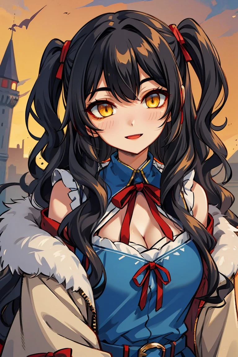(masterpiece:1.2), (high quality:1.2), (hui xiyi:0.7), rekkyo sensen, rekkyou sensen, girls with((1girl, solo, black hair, yellow eyes, (wavy long hair, one side up:1.54), blush, breasts, cleavage, cowboy shot, bare shoulders, dress, lace dress, blue clothes, belt, red bow, red ribbon, neck ribbon, blouse shirt, eyebrows visible through hair, frills, fur, fur-trimmed hood, fur-trimmed jacket, fur-trimmed sleeves, fur coat, fur collar, fur trim, hood down, hooded coat, hooded jacket, hoodie, jacket, large breasts, long hair, long sleeves, medium breasts, open clothes, open coat,open hoodie, sleeveless, winter clothes, zipper, cleavage, upper body)), background with((fantasy world, ruin, castle, beautiful sky, shining sky, sunshine))