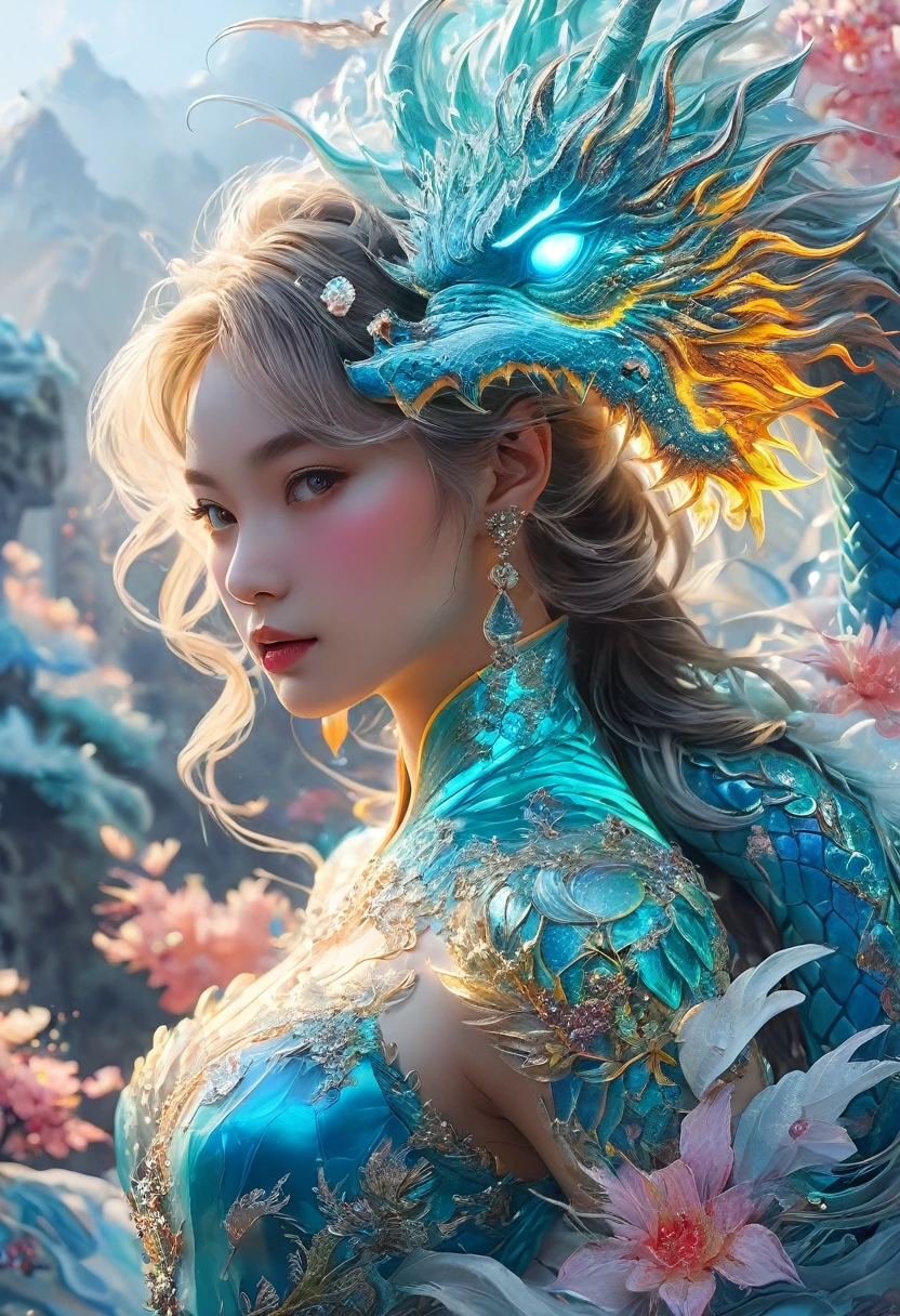 *8K masterpiece, Highest quality, Highest quality, Official Art, (Beauty and aesthetics: 1.3), Very detailed, (Fractal Art: 1.3), colorful, Ice and Chinese dragon, Serpentine body, nail, cyan and 1 Woman, Hanwomen's Media, Hanfu, cyan