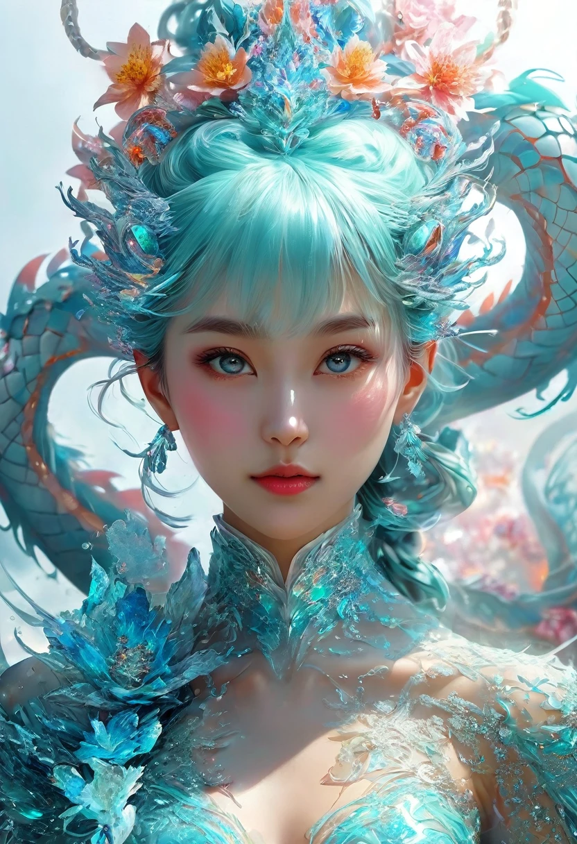 *8K masterpiece, Highest quality, Highest quality, Official Art, (Beauty and aesthetics: 1.3), Very detailed, (Fractal Art: 1.3), colorful, Ice and Chinese dragon, Serpentine body, nail, cyan and 1 Woman, Hanwomen's Media, Hanfu, cyan
