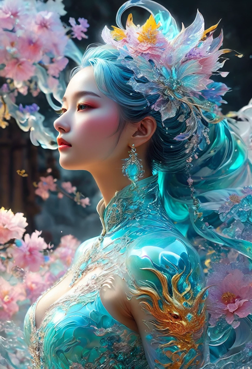 *8K masterpiece, Highest quality, Highest quality, Official Art, (Beauty and aesthetics: 1.3), Very detailed, (Fractal Art: 1.3), colorful, Ice and Chinese dragon, Serpentine body, nail, cyan and 1 Woman, Hanwomen&#39;s Media, Hanfu, cyan