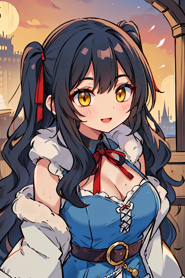 (masterpiece:1.2), (high quality:1.2), (hui xiyi:0.7), rekkyo sensen, rekkyou sensen, girls with((1girl, solo, black hair, yellow eyes, (wavy long hair, one side up:1.54), blush, breasts, cleavage, cowboy shot, bare shoulders, dress, lace dress, blue clothes, belt, red bow, red ribbon, neck ribbon, blouse shirt, eyebrows visible through hair, frills, fur, fur-trimmed hood, fur-trimmed jacket, fur-trimmed sleeves, fur coat, fur collar, fur trim, hood down, hooded coat, hooded jacket, hoodie, jacket, large breasts, long hair, long sleeves, medium breasts, open clothes, open coat,open hoodie, sleeveless, winter clothes, zipper, cleavage, upper body)), background with((fantasy world, ruin, castle, beautiful sky, shining sky, sunshine))